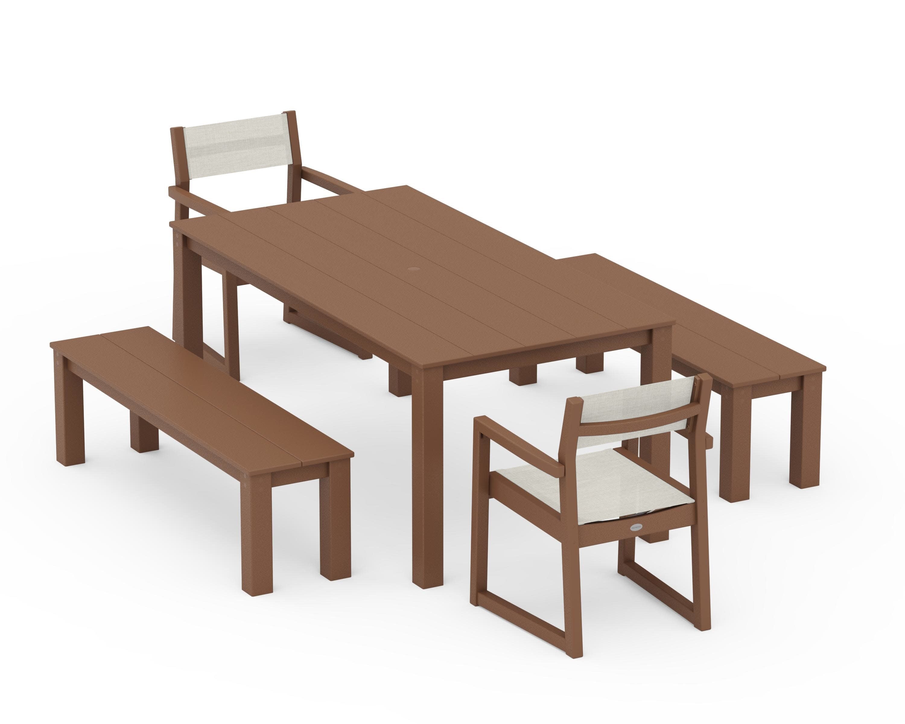 EDGE Sling Arm Chair 5-Piece Parsons Dining Set with Benches in Teak / Parchment Sling