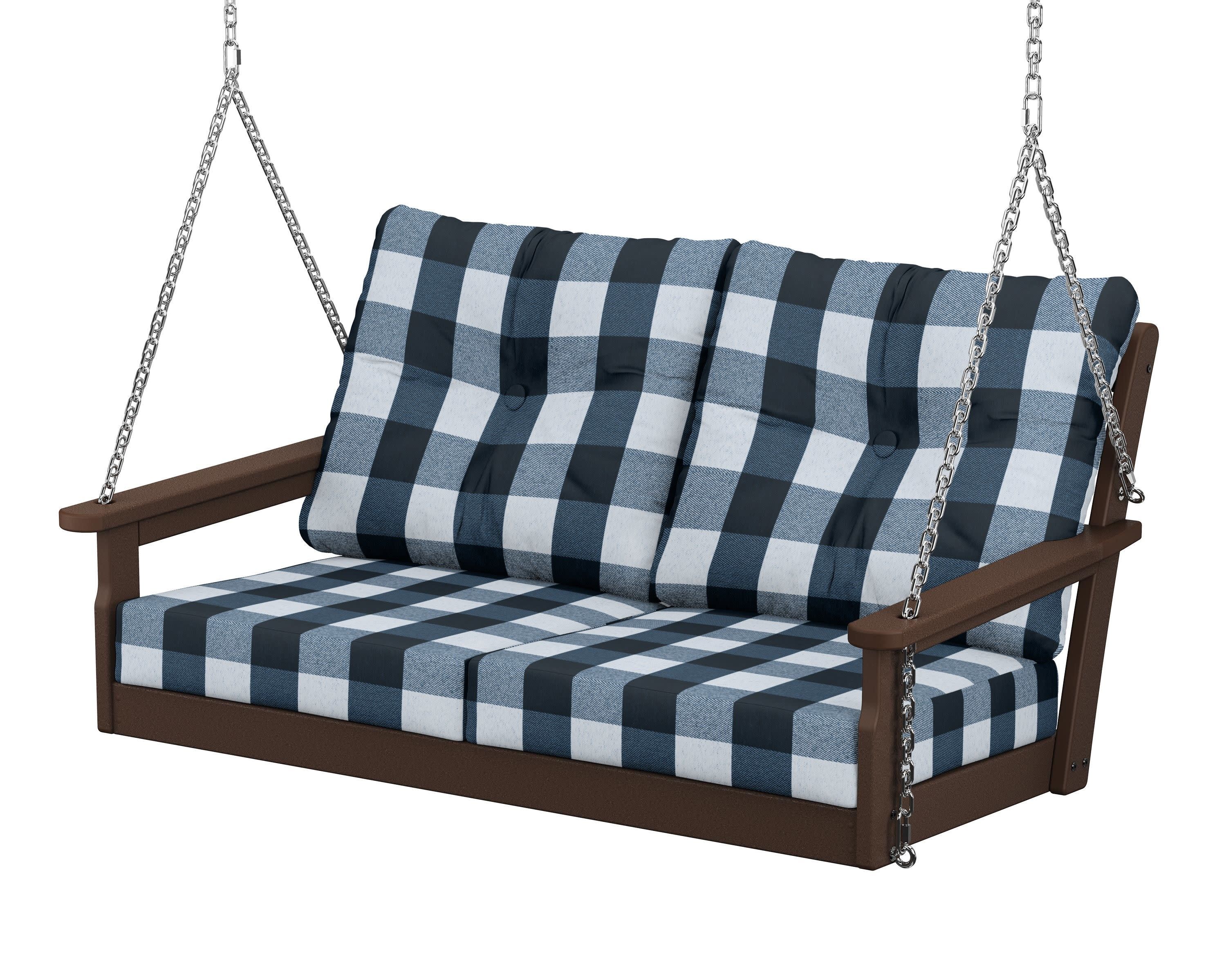 Vineyard Deep Seating Swing in Mahogany / Buffalo Plaid Marine Indigo
