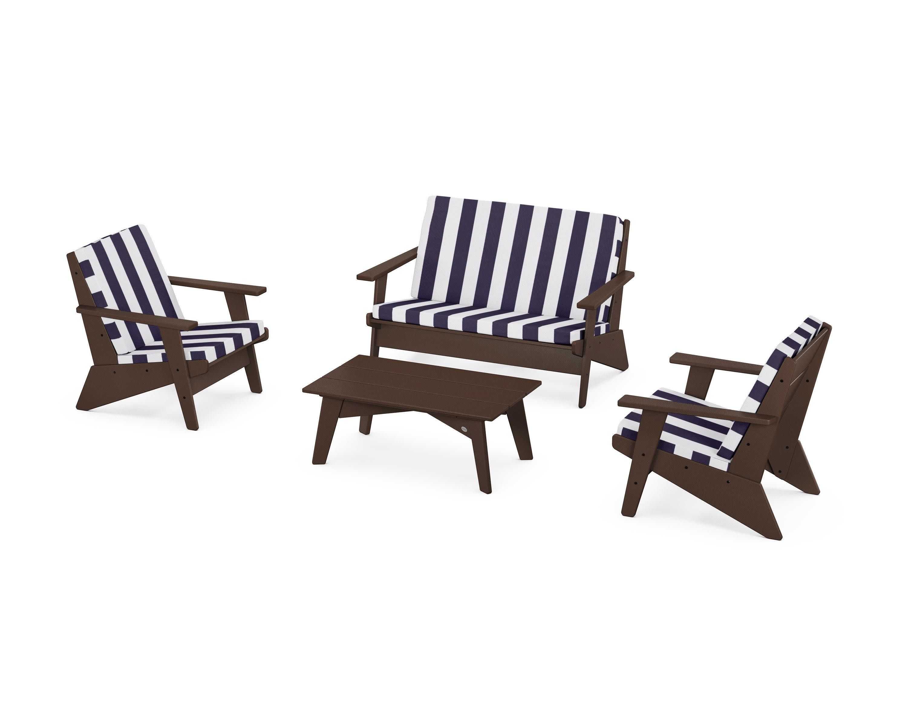 Riviera Modern Lounge 4-Piece Set in Mahogany / Cabana Stripe Navy