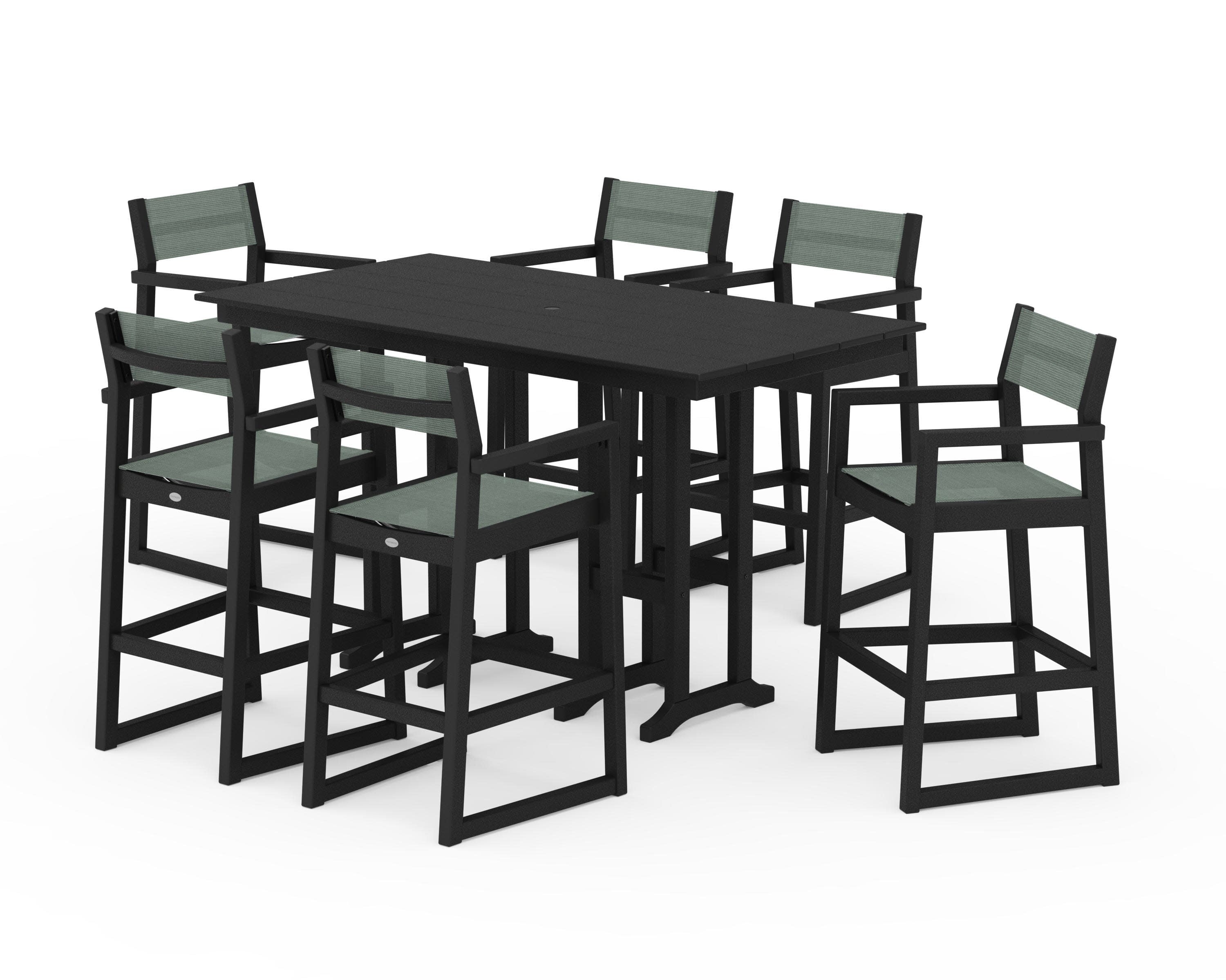 EDGE Sling Arm Chair 7-Piece Farmhouse Bar Set in Black / Dupioni Sea Mist Sling