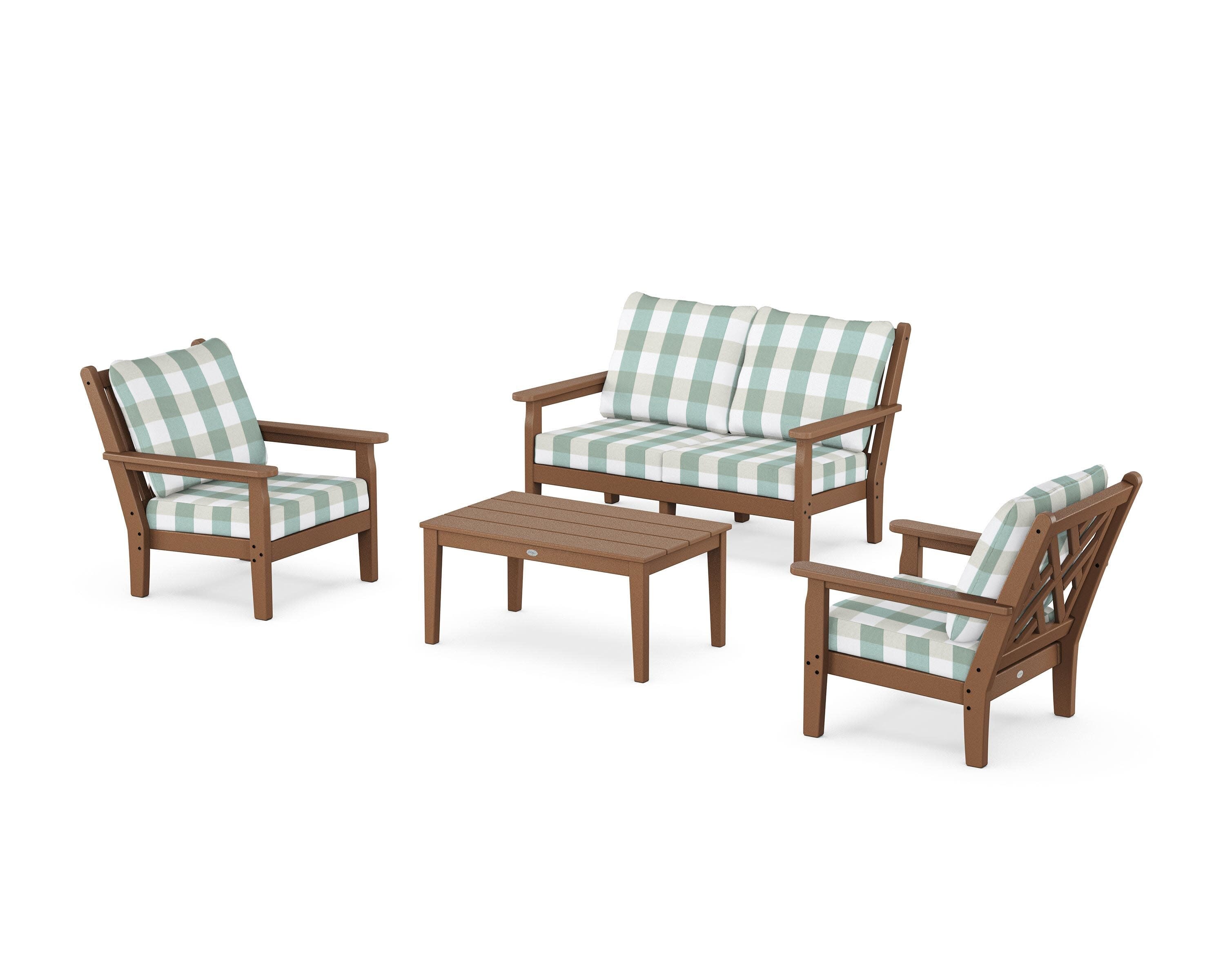 Chippendale 4-Piece Deep Seating Set with Loveseat in Teak / Buffalo Plaid Glacier Spa