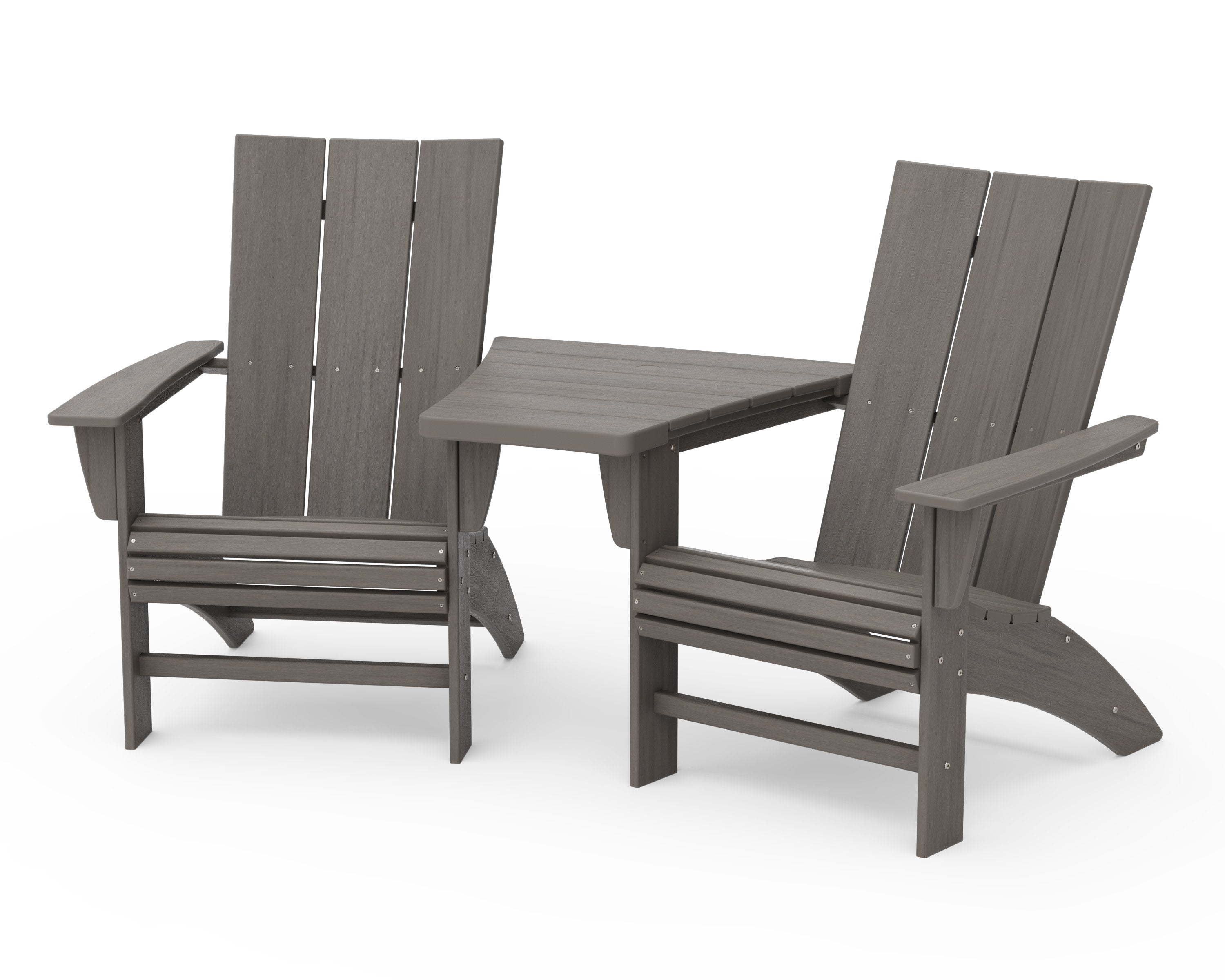 Modern 3-Piece Curveback Adirondack Set with Angled Connecting Table in Driftwood