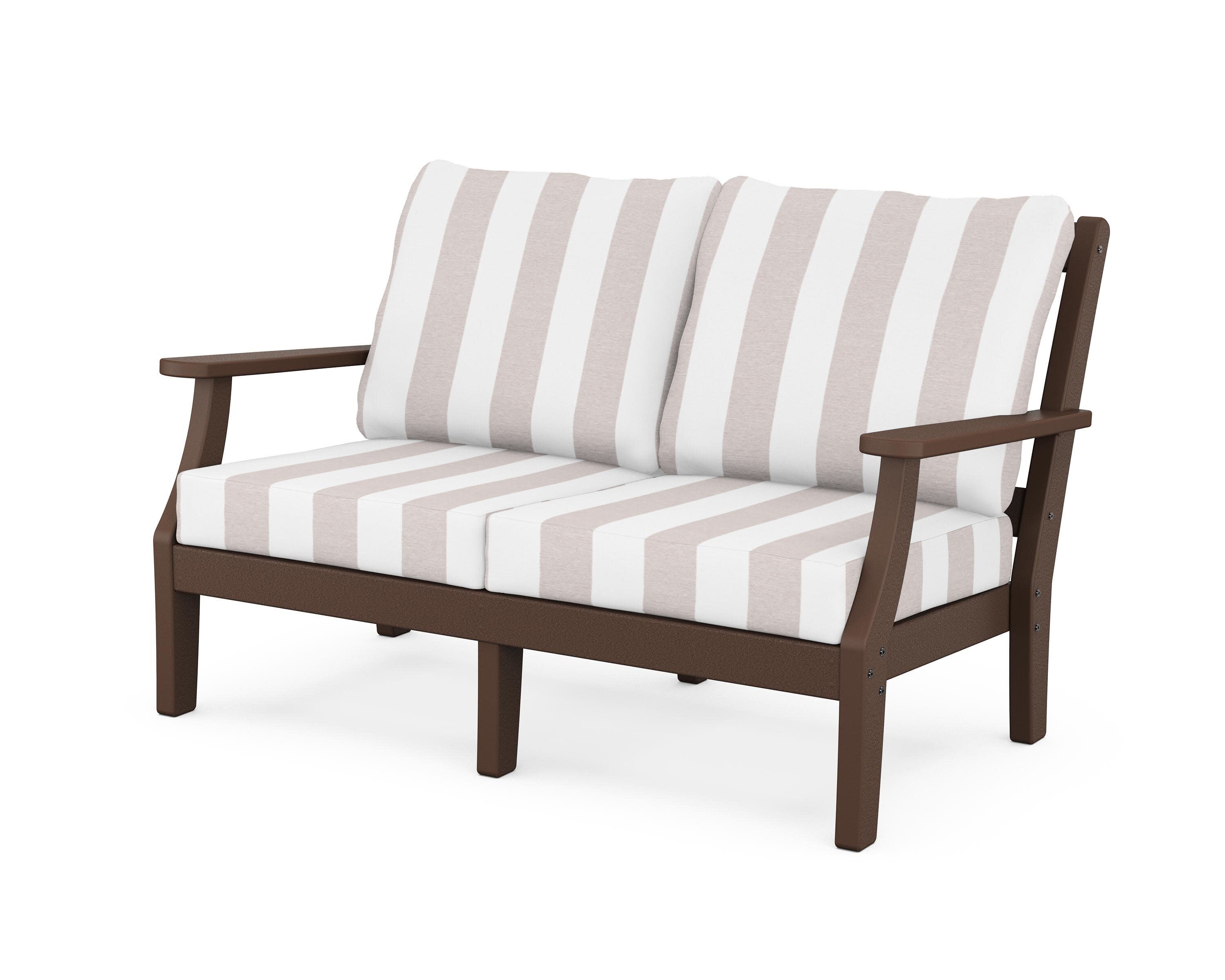 Chinoiserie Deep Seating Loveseat in Mahogany / Cabana Stripe Dune Burlap