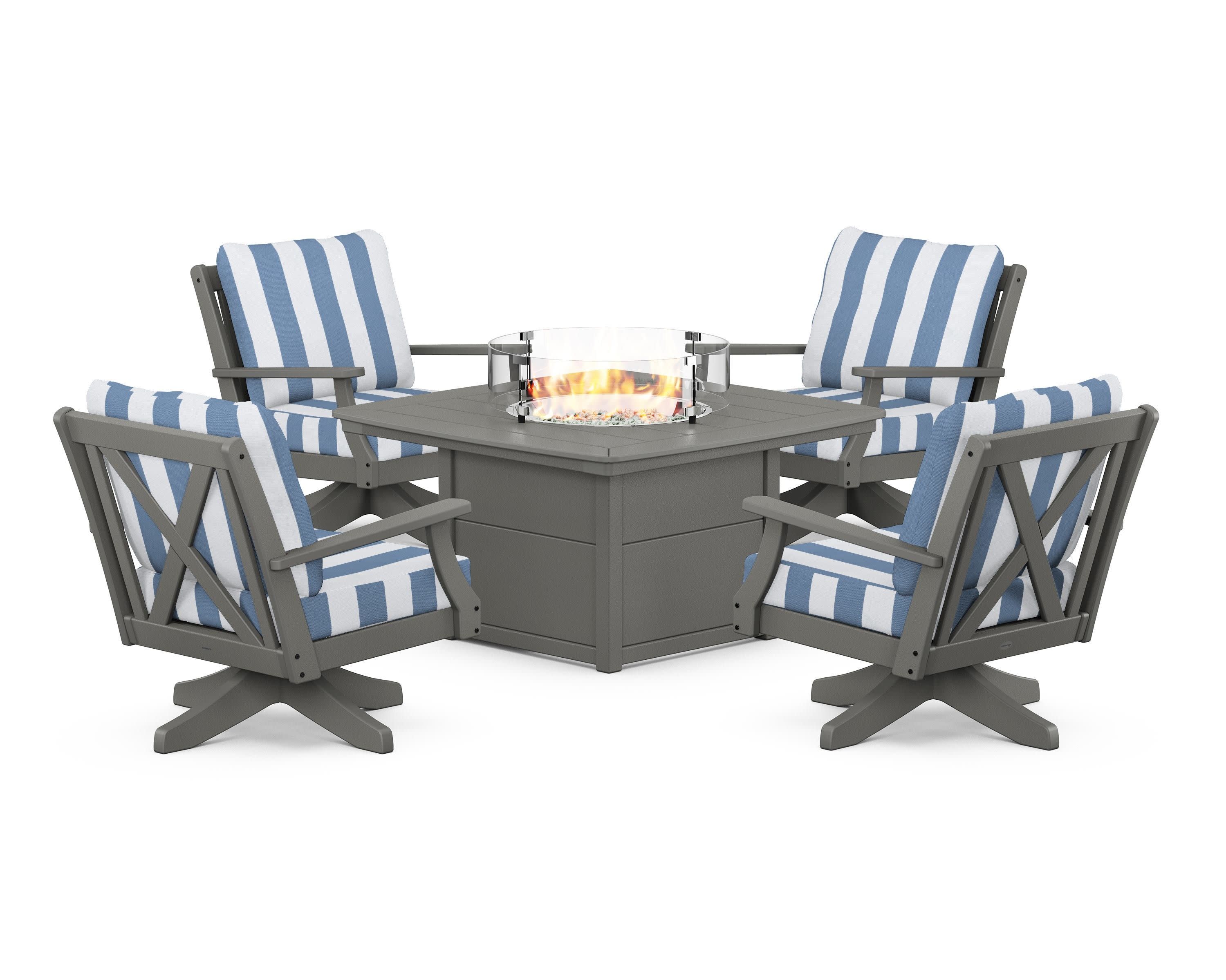 Braxton 5-Piece Deep Seating Swivel Conversation Set with Fire Pit Table in Slate Grey / Cabana Stripe Sky Blue