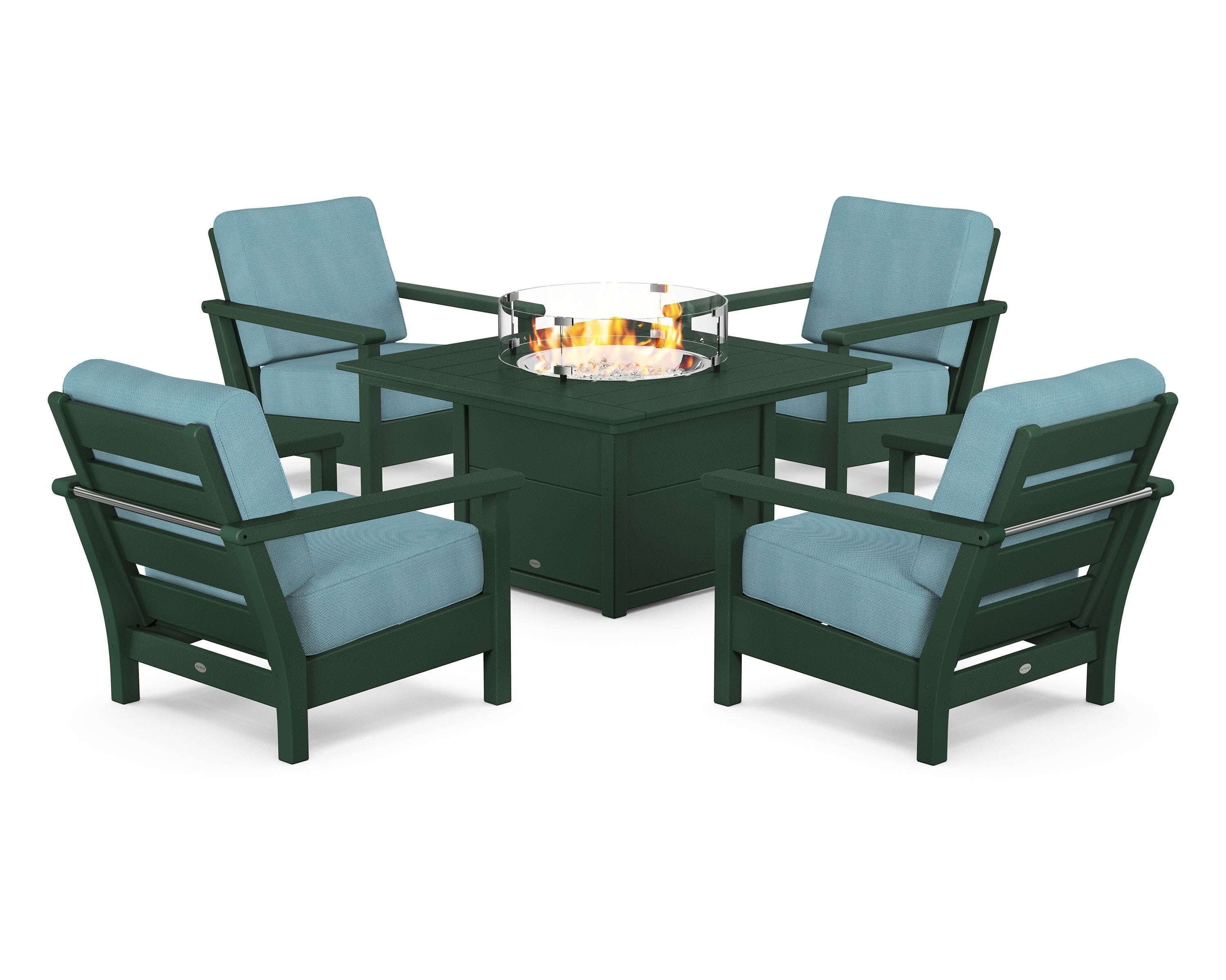 Harbour 5-Piece Conversation Set with Fire Pit Table in Green / Lattice Sky Blue