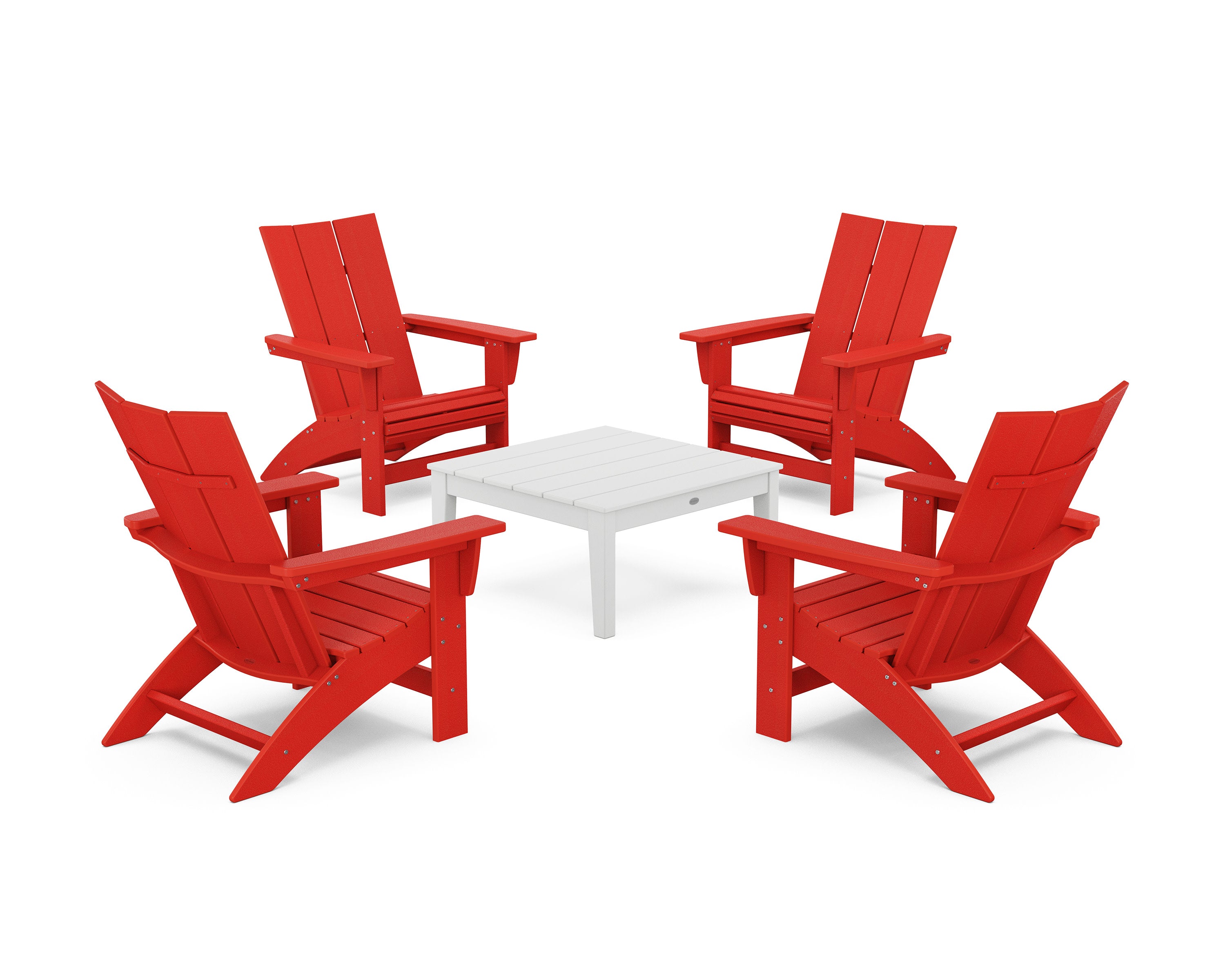 5-Piece Modern Grand Adirondack Chair Conversation Group in Sunset Red / White