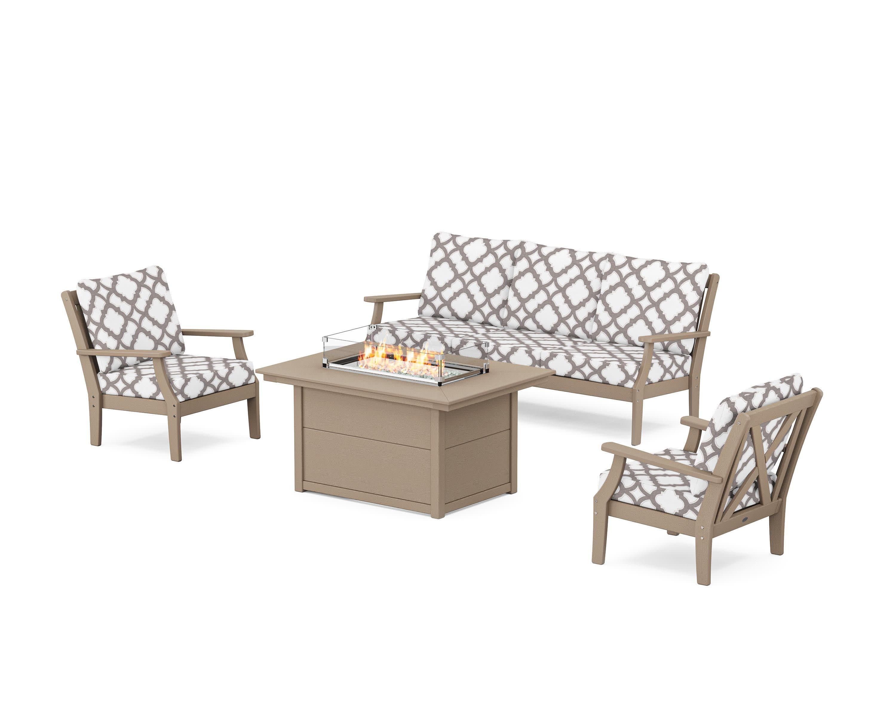 Braxton Deep Seating Fire Pit Table Set in Vintage Sahara / Trellis Grey Mist