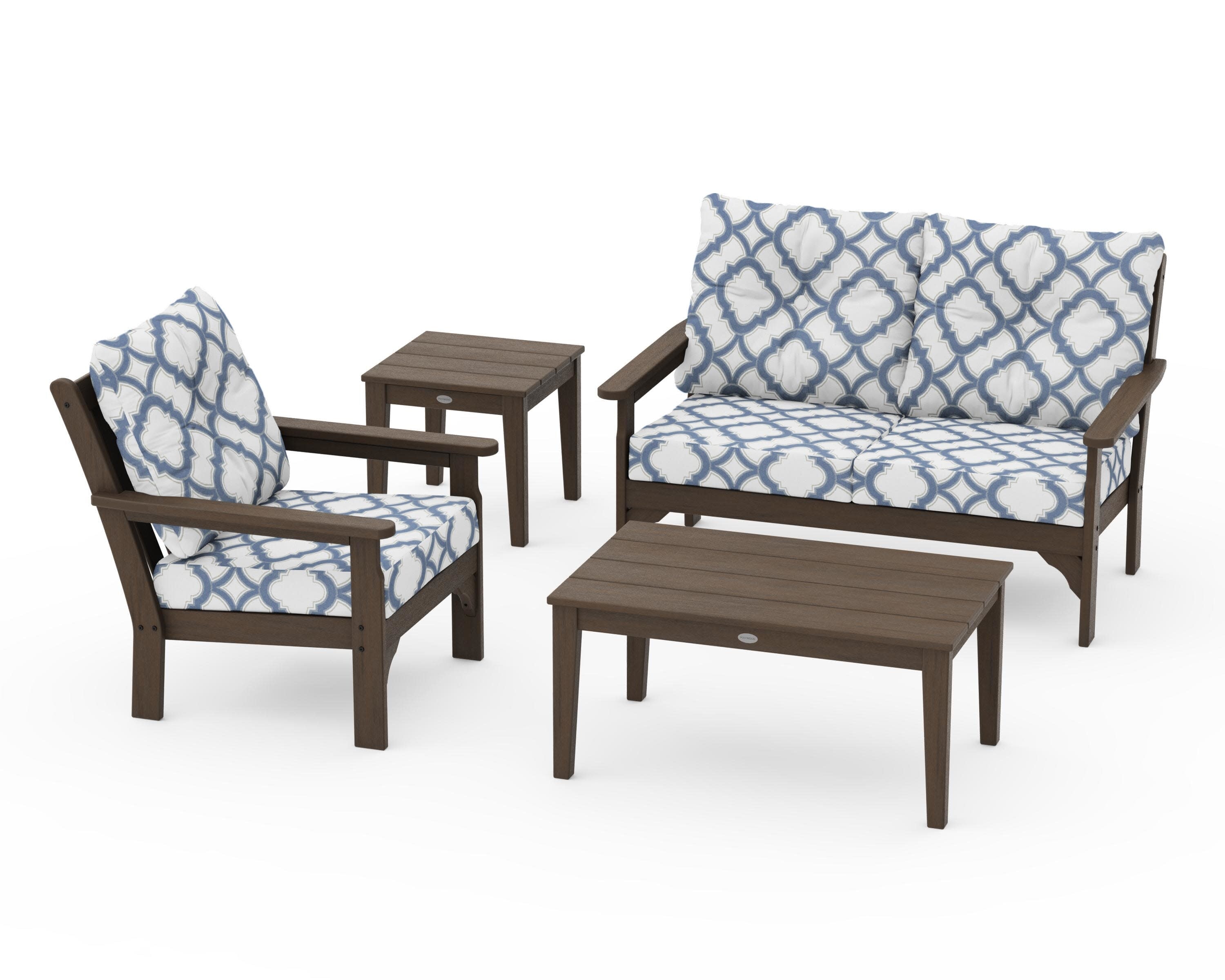 Vineyard 4-Piece Deep Seating Set in Kona / Trellis Sky Blue