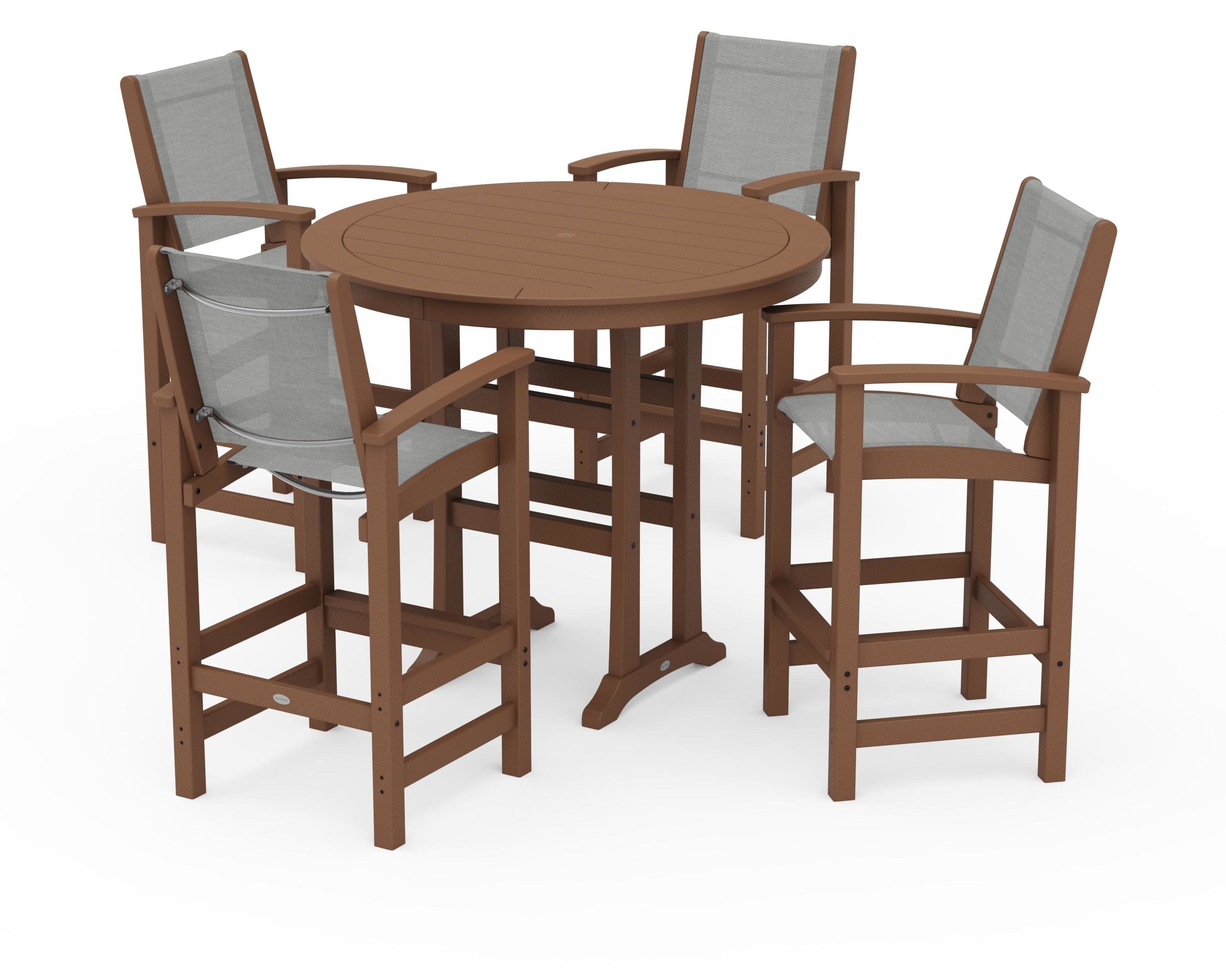 Coastal 5-Piece Nautical Trestle Bar Set in Teak / Metallic Sling