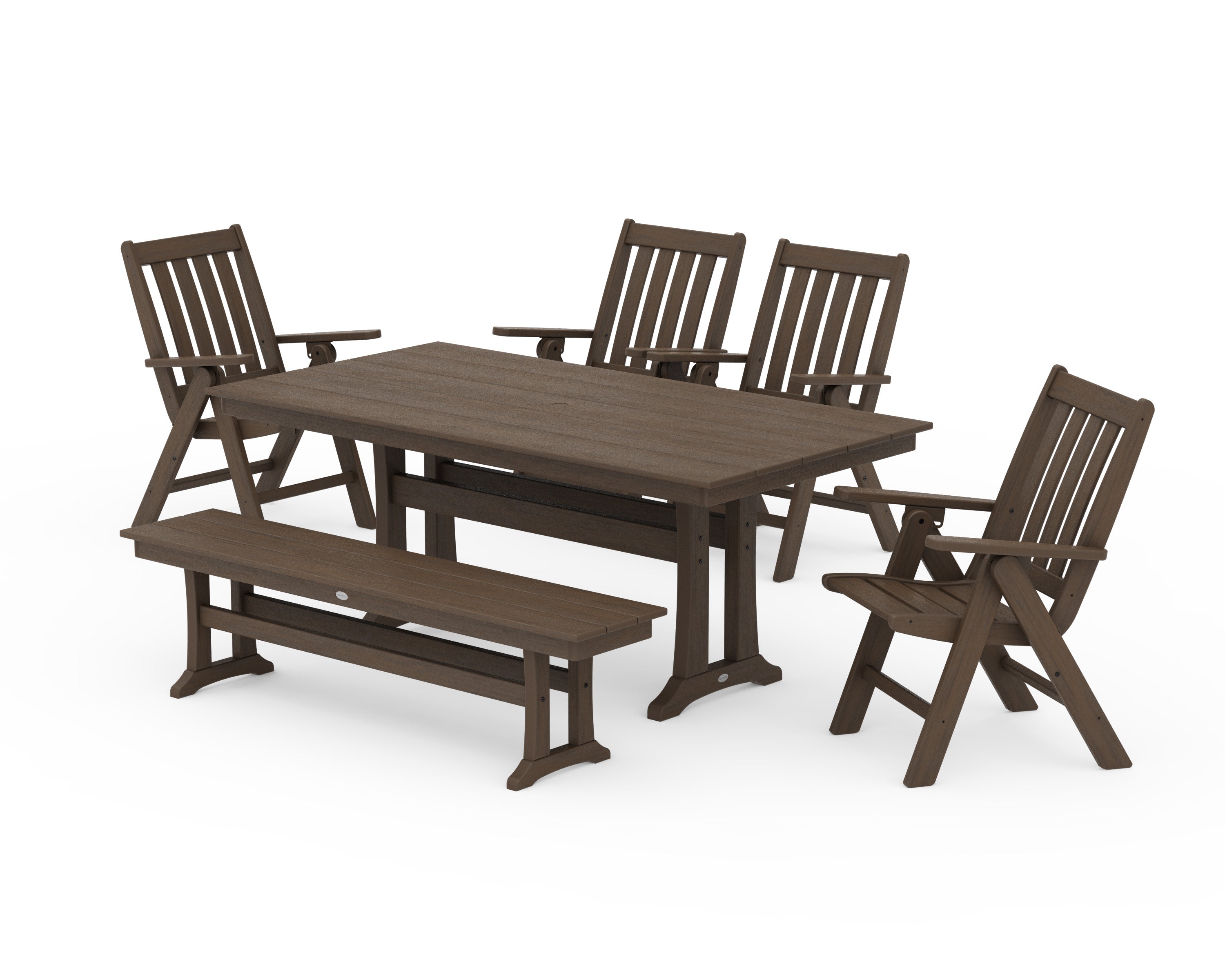 Vineyard 6-Piece Folding Chair Farmhouse Dining Set with Trestle Legs and Bench in Kona