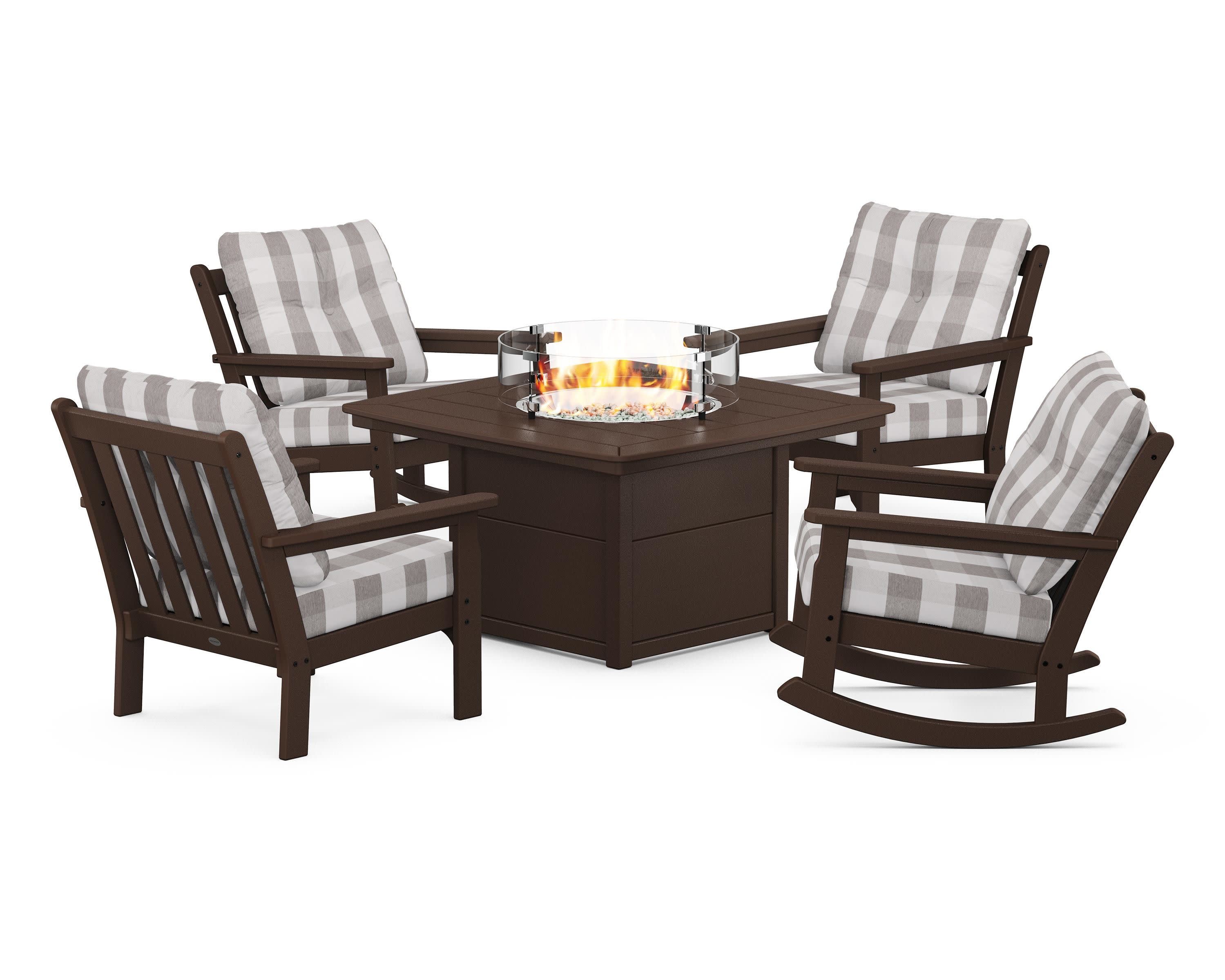 Vineyard 5-Piece Deep Seating Rocking Chair Conversation Set with Fire Pit Table in Mahogany / Buffalo Plaid Grey Mist