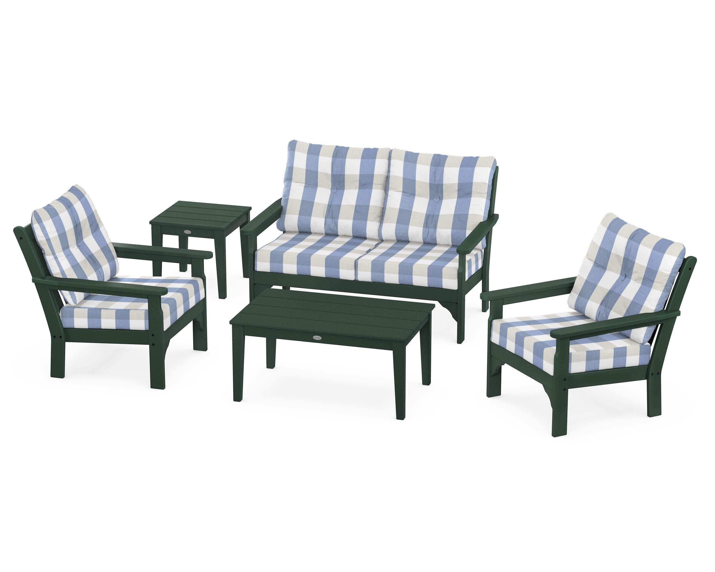 Vineyard 5-Piece Deep Seating Set in Green / Buffalo Plaid Sky Blue