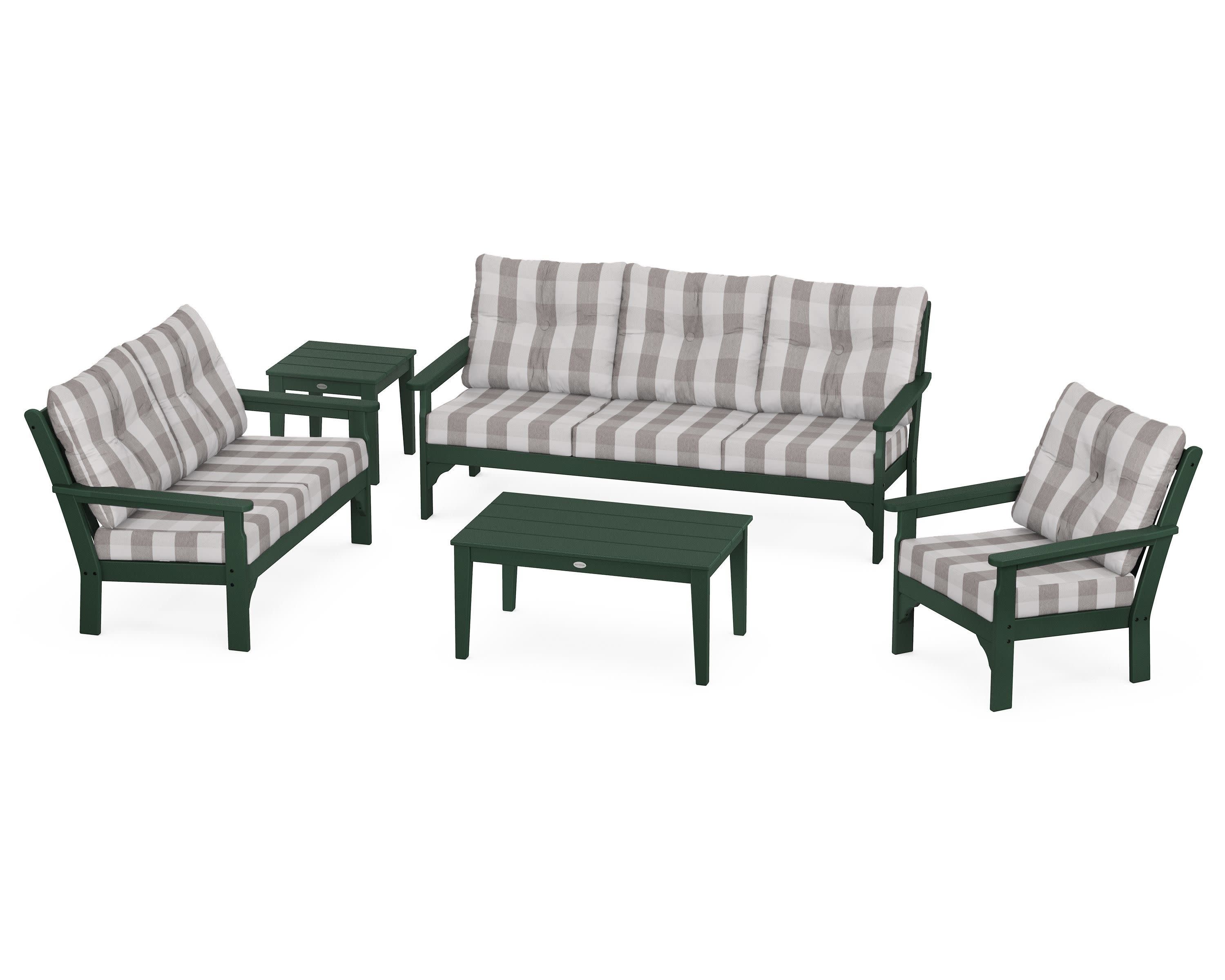 Vineyard 5 Piece Deep Seating Set in Green / Buffalo Plaid Grey Mist
