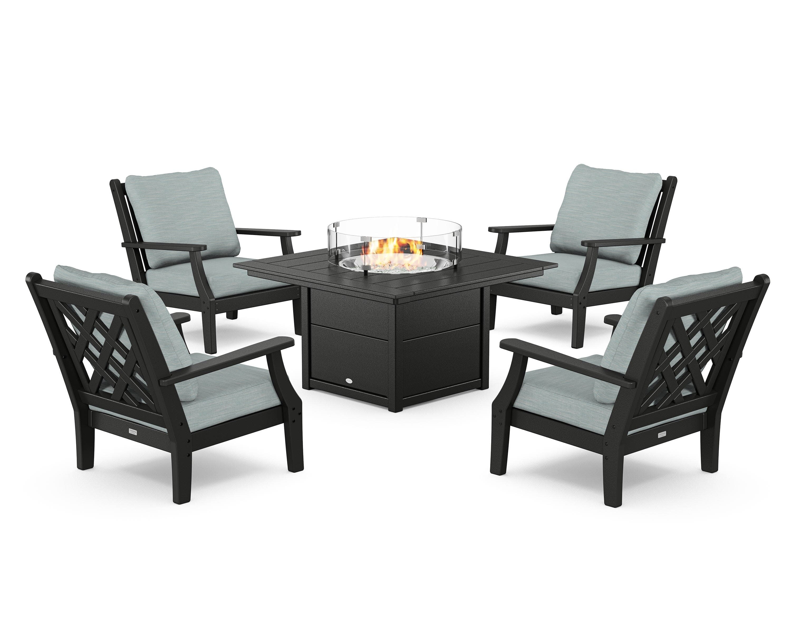 Wovendale 5-Piece Deep Seating Set with Fire Pit Table in Black / Soothe Mist