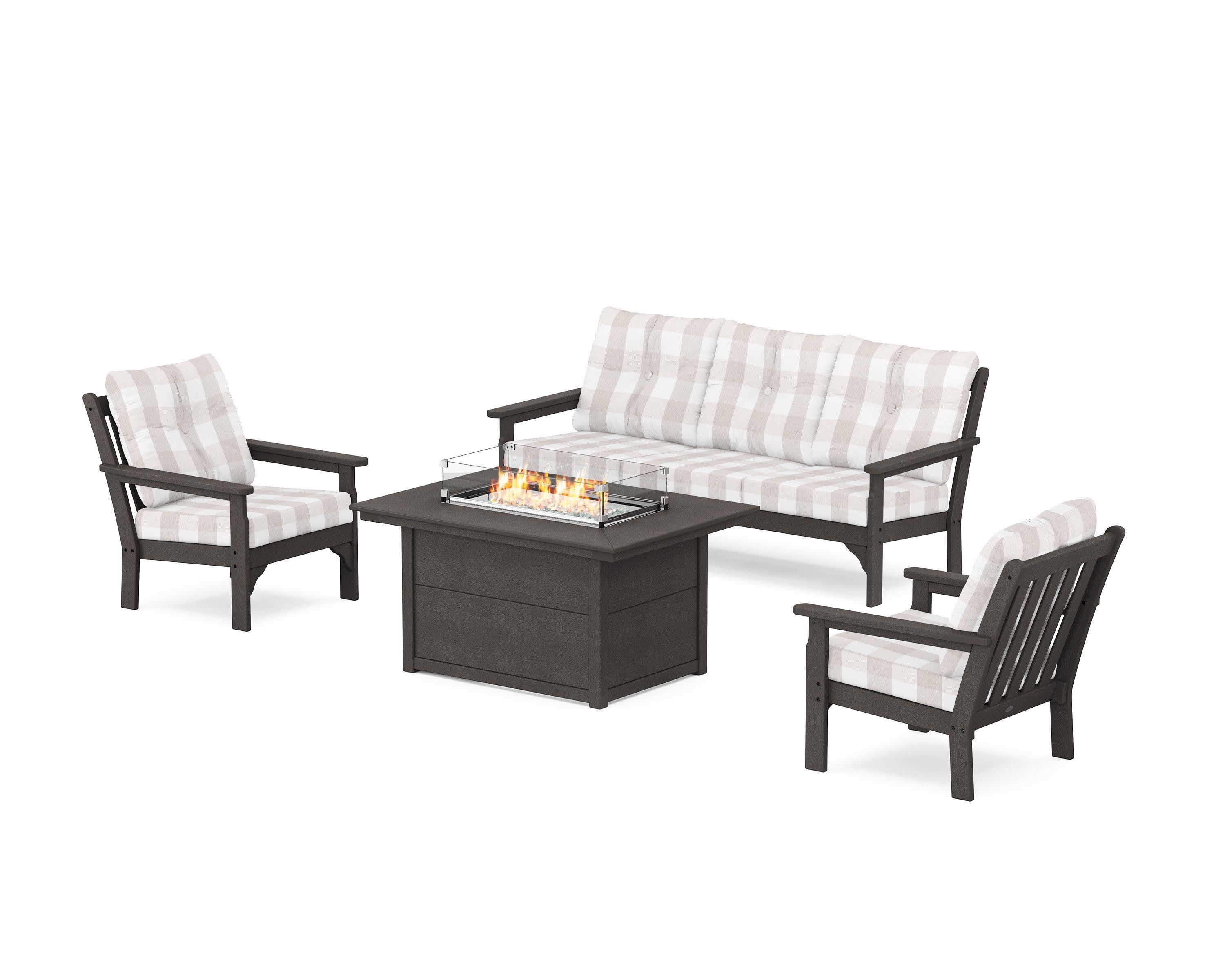 Vineyard Deep Seating Fire Pit Table Set in Vintage Coffee / Buffalo Plaid Dune Burlap
