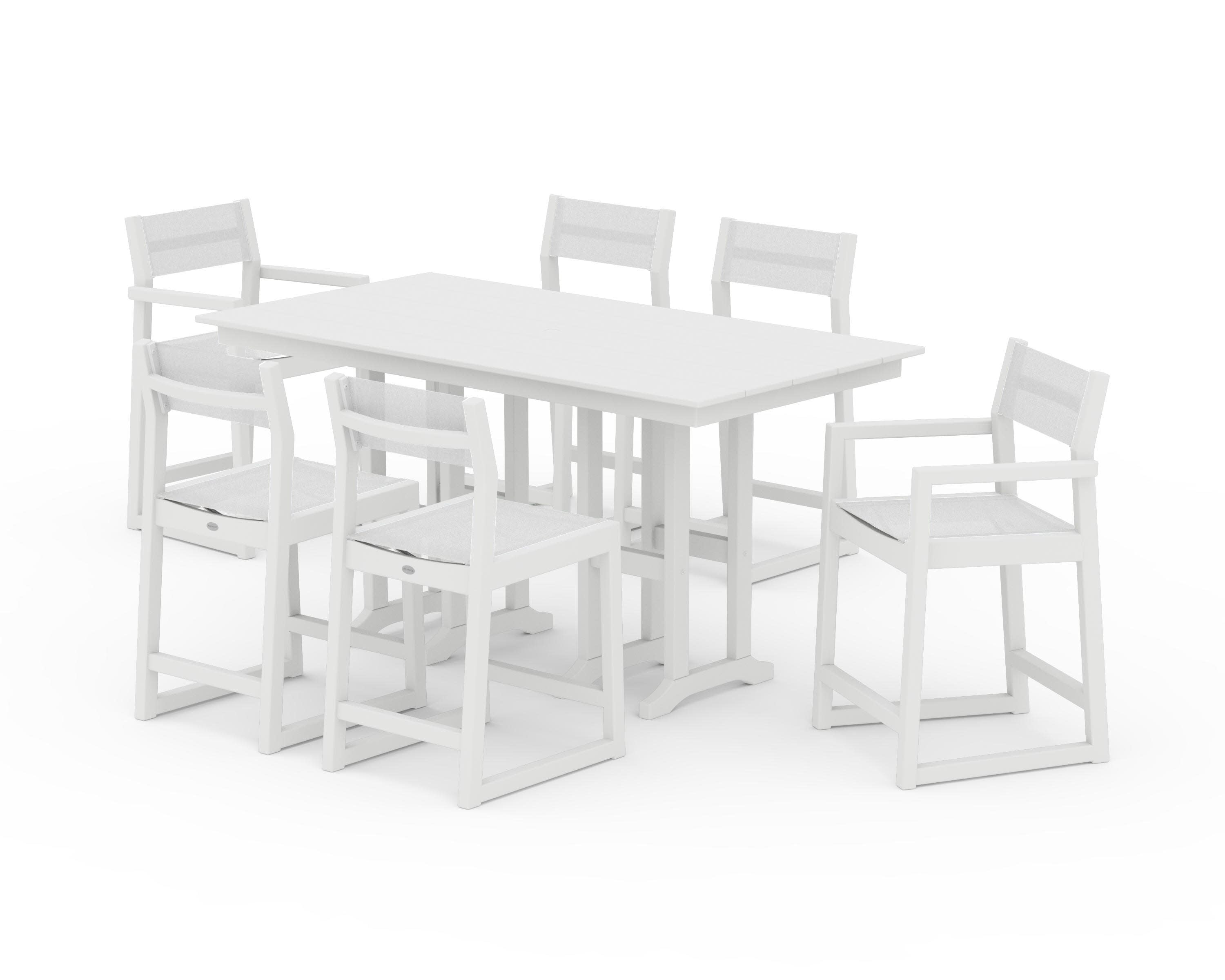 EDGE Sling 7-Piece Farmhouse Counter Set with Trestle Legs in White / White Sling