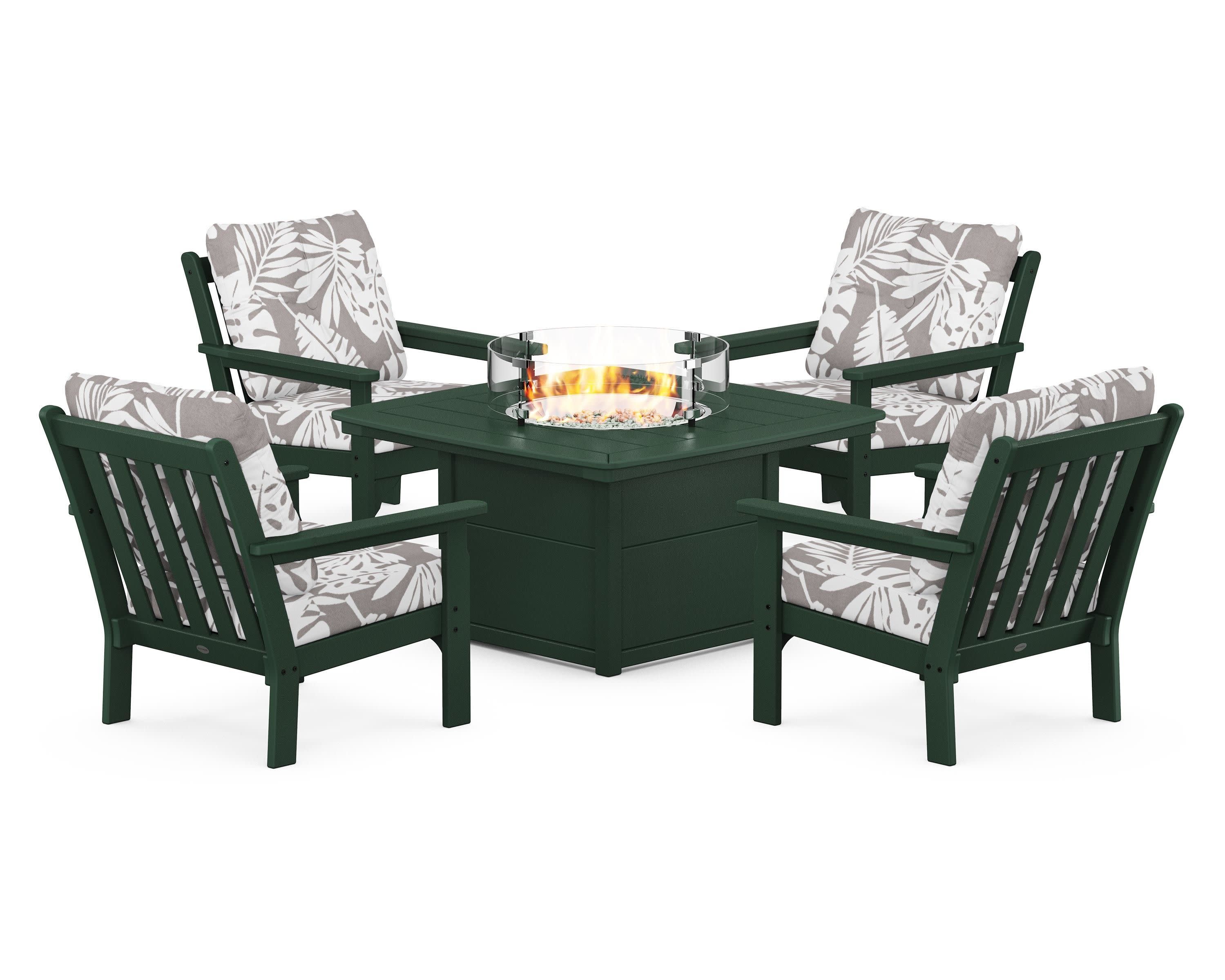 Vineyard 5-Piece Conversation Set with Fire Pit Table in Green / Leaf Grey Mist