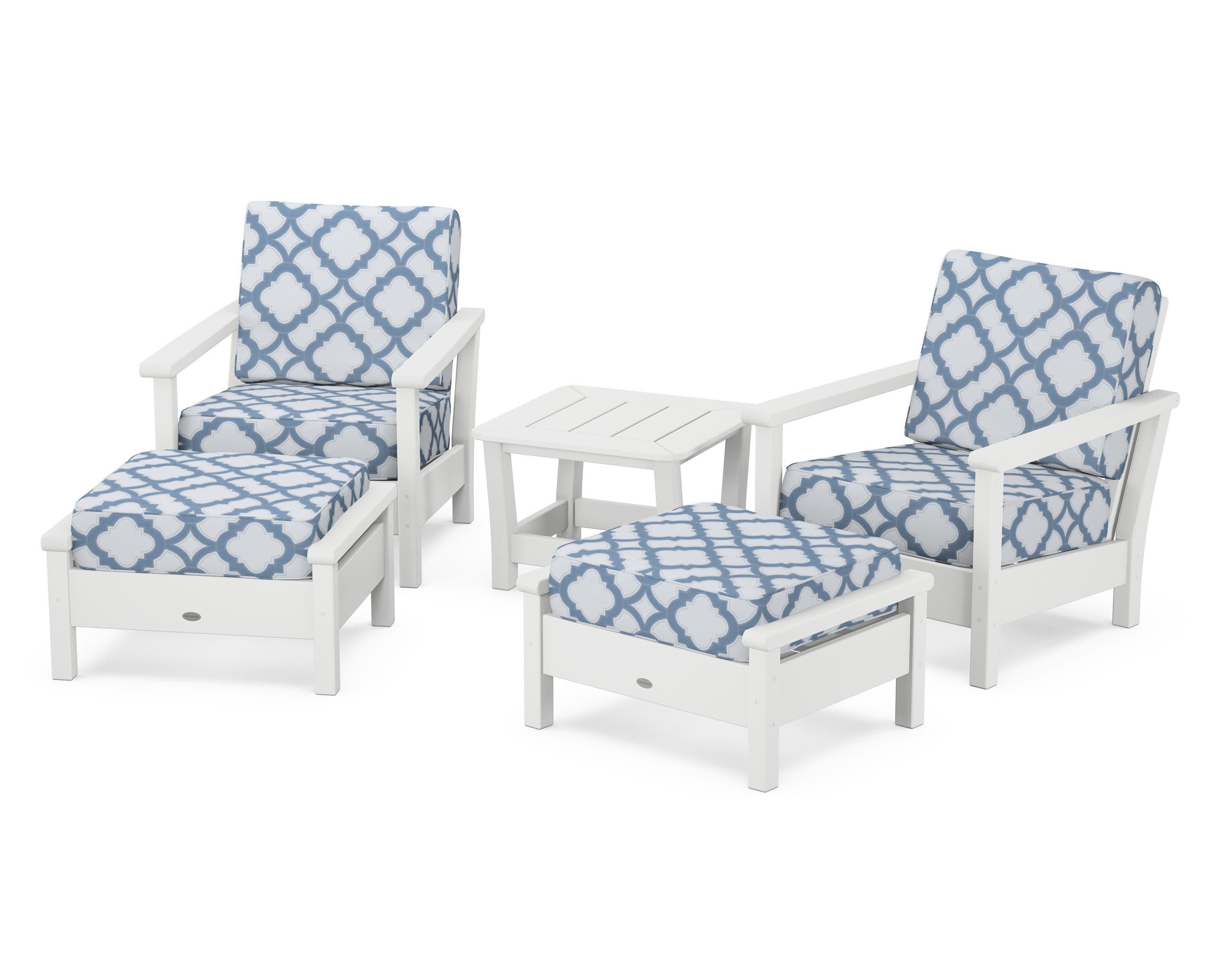 Harbour 5-Piece Deep Seating Chair Set in White / Trellis Sky Blue