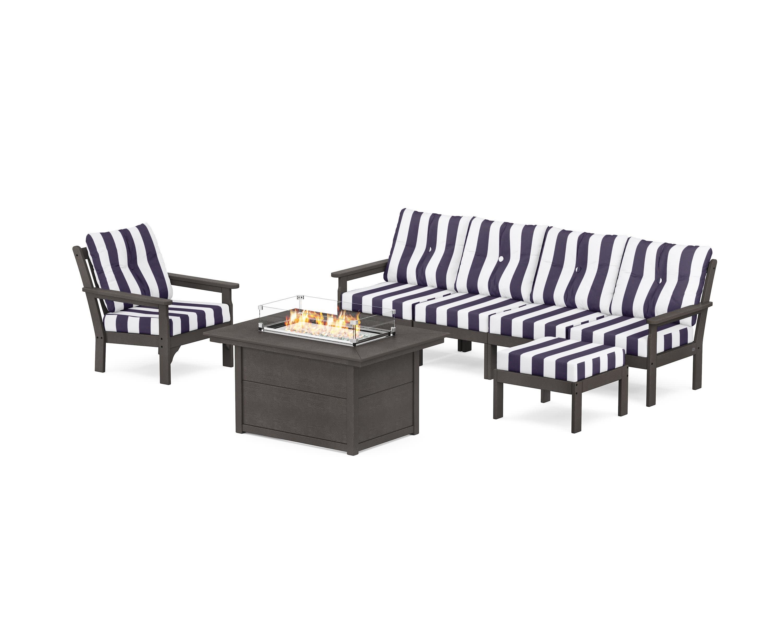Vineyard Sectional Lounge and Fire Pit Set in Vintage Coffee / Cabana Stripe Navy