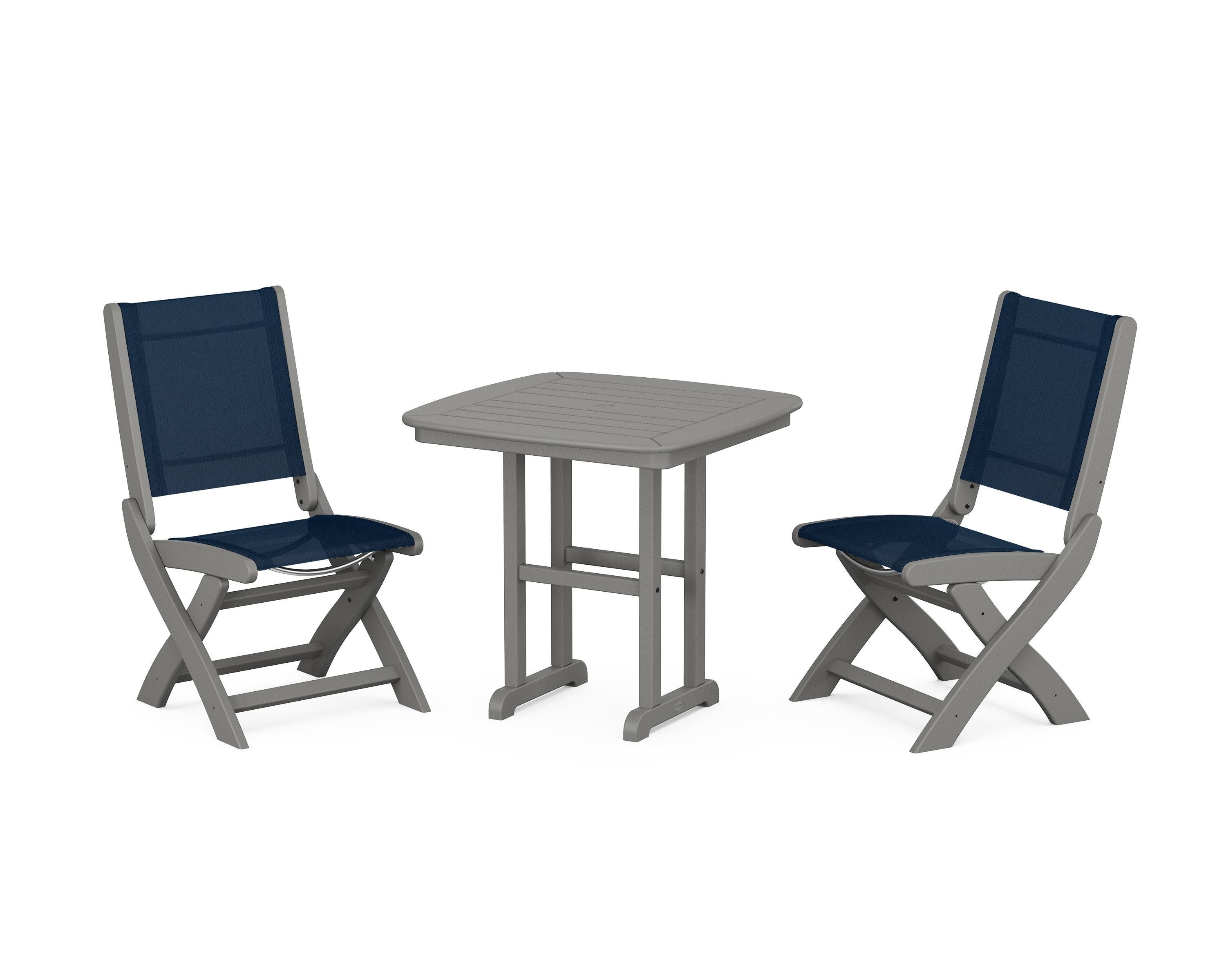 Coastal Folding Side Chair 3-Piece Dining Set in Slate Grey / Navy Blue Sling