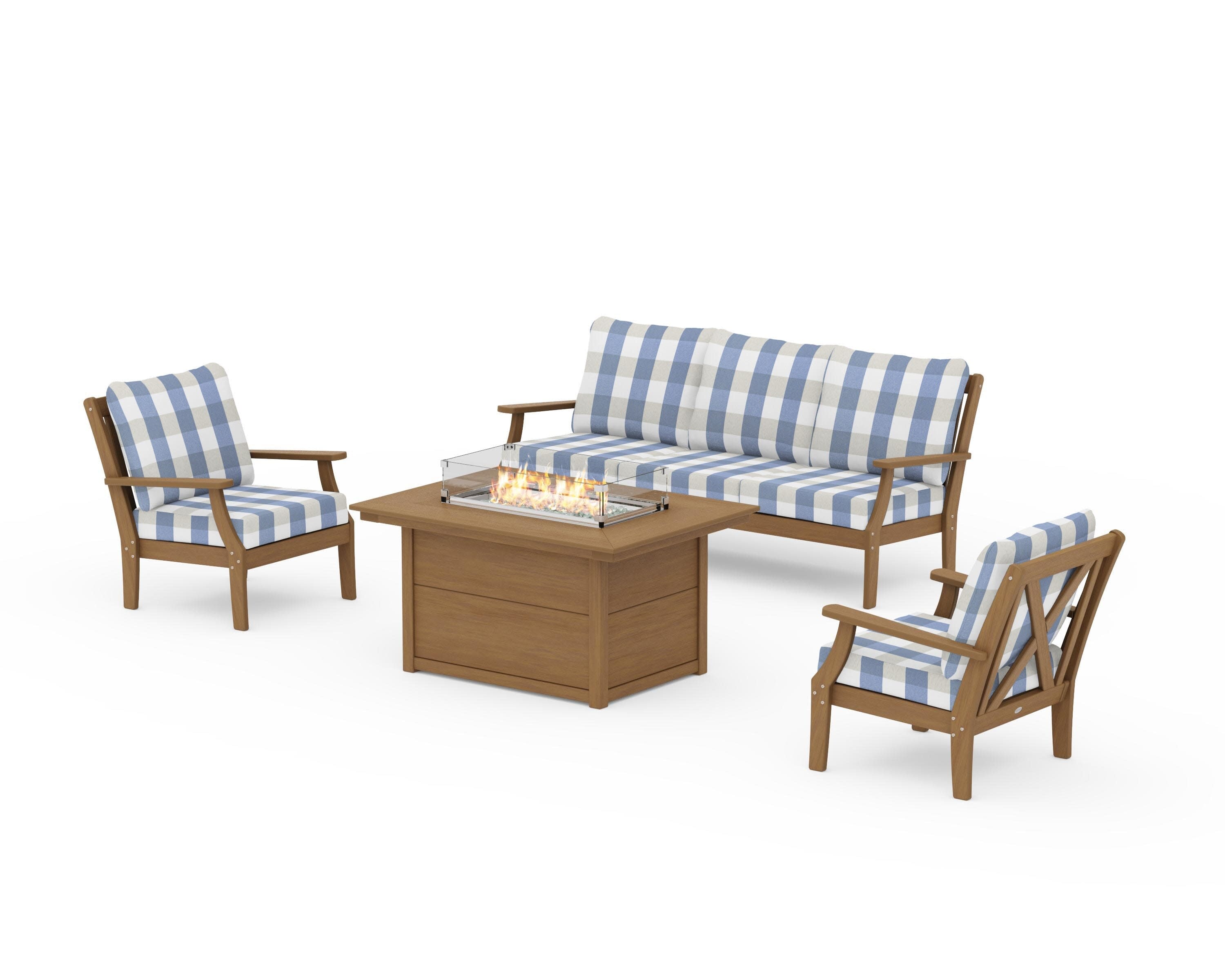 Braxton Deep Seating Fire Pit Table Set in Natural / Buffalo Plaid Sky Blue