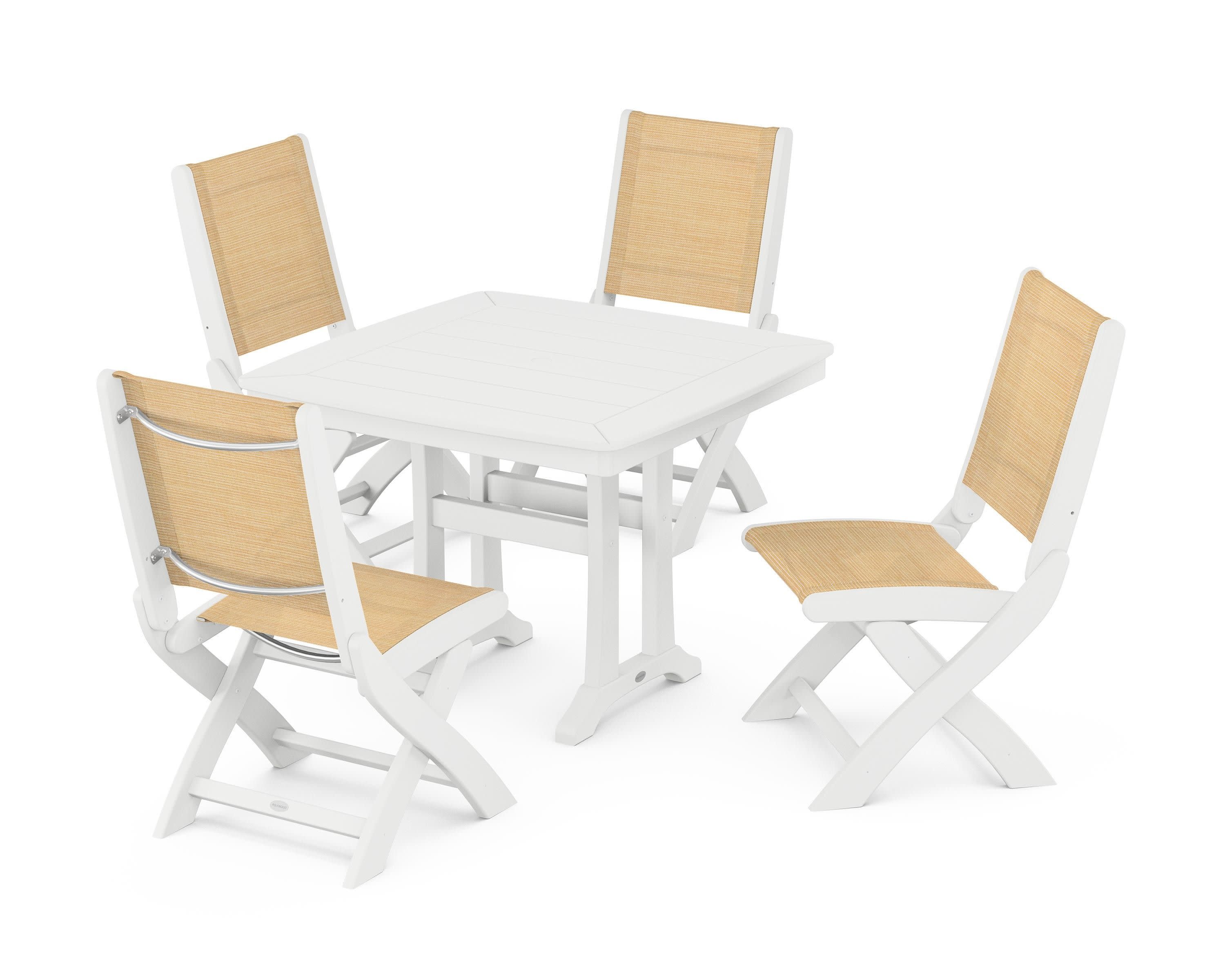 Coastal Folding Side Chair 5-Piece Dining Set with Trestle Legs in White / Dupioni Apricot Sling