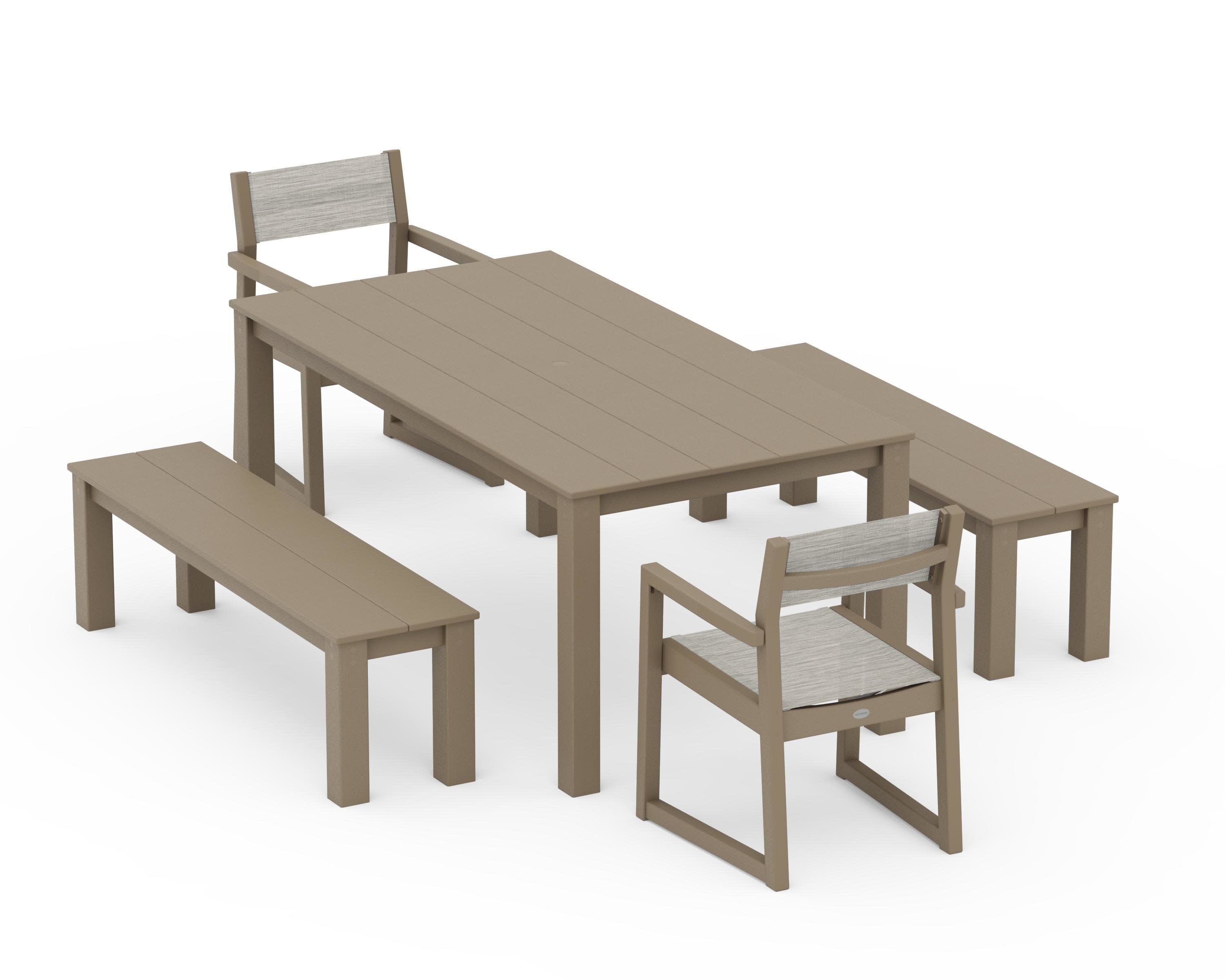 EDGE Sling Arm Chair 5-Piece Parsons Dining Set with Benches in Vintage Sahara / Birch Sling