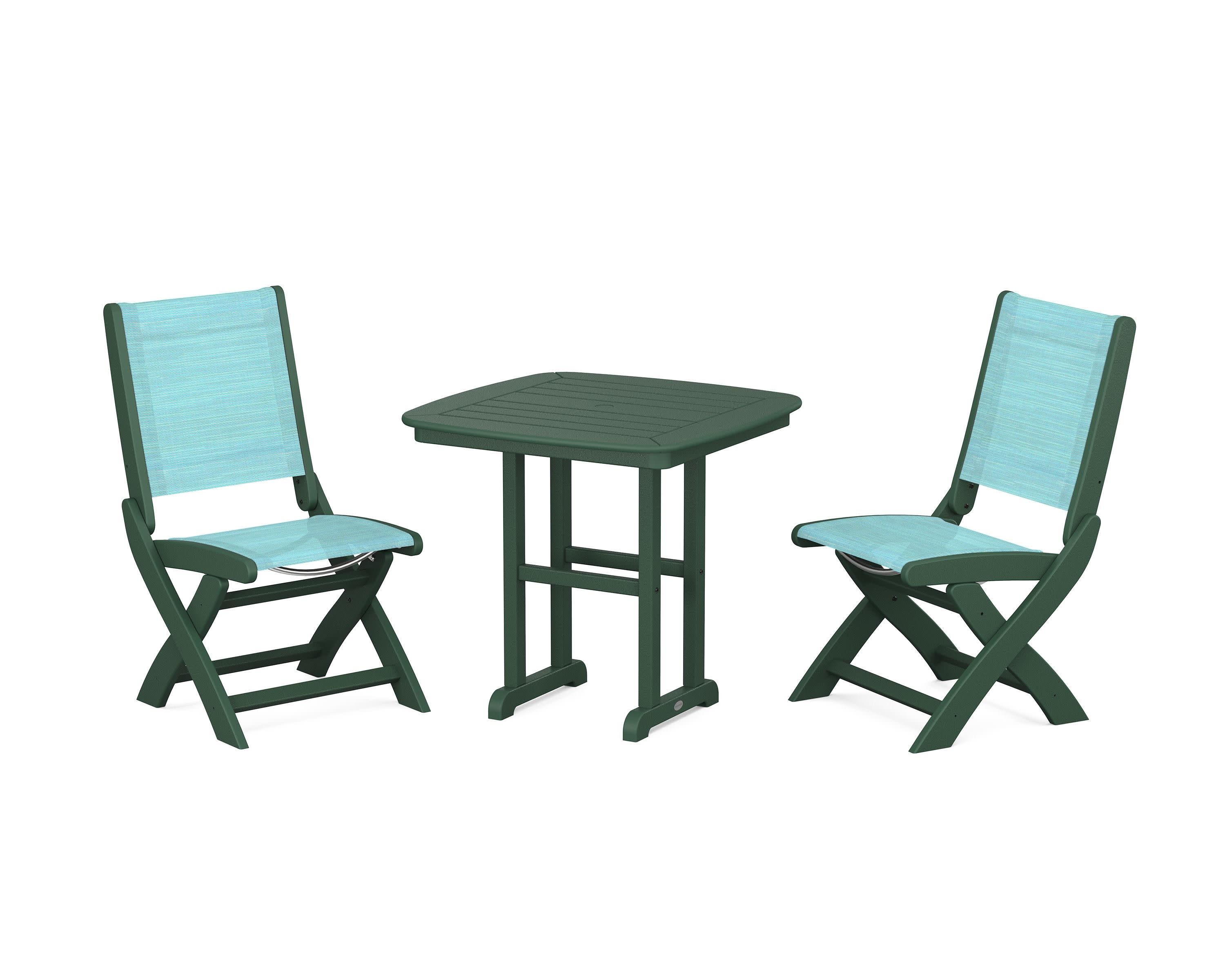 Coastal Folding Side Chair 3-Piece Dining Set in Green / Dupioni Aquamarine Sling