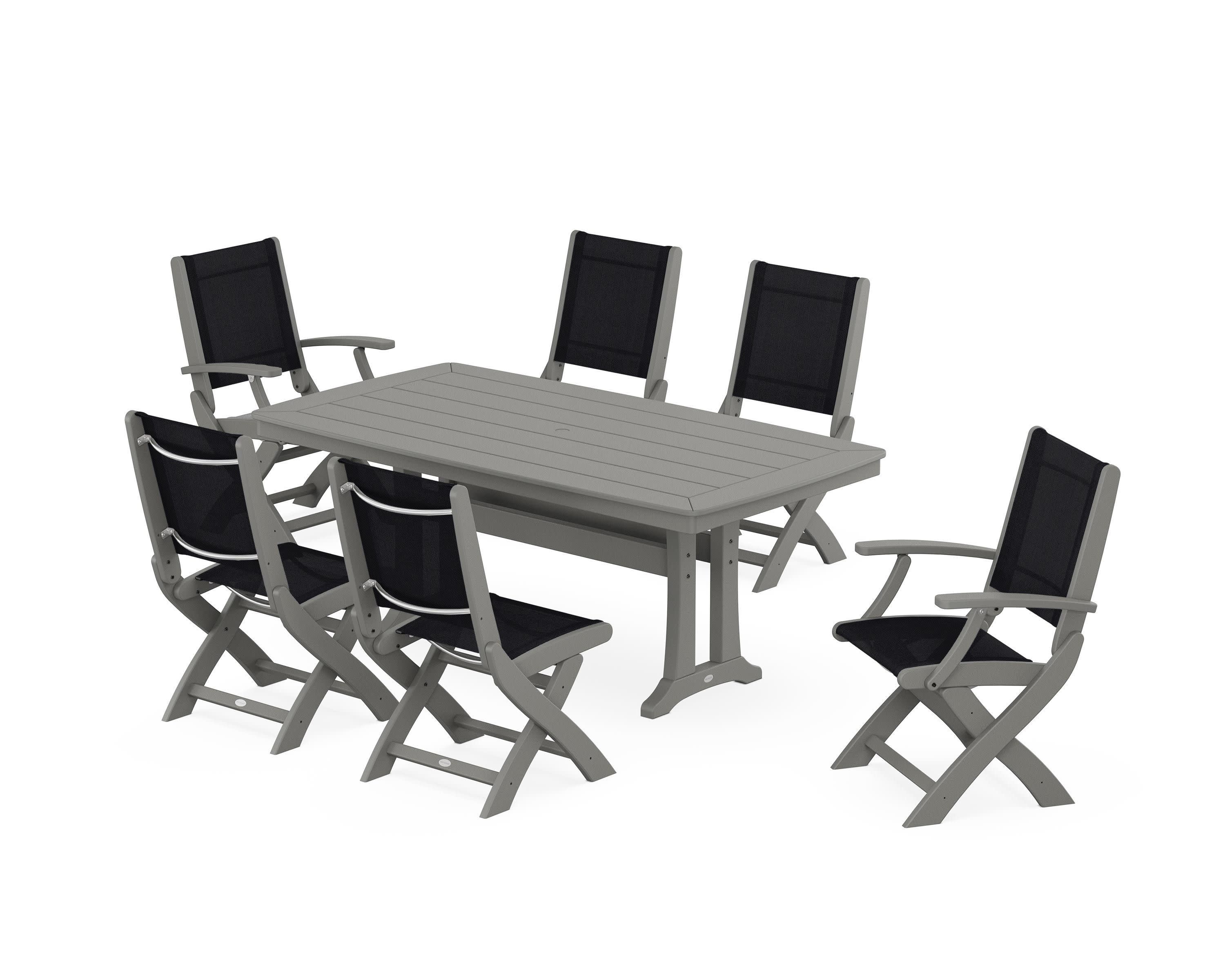 Coastal Folding Chair 7-Piece Dining Set with Trestle Legs in Slate Grey / Black Sling