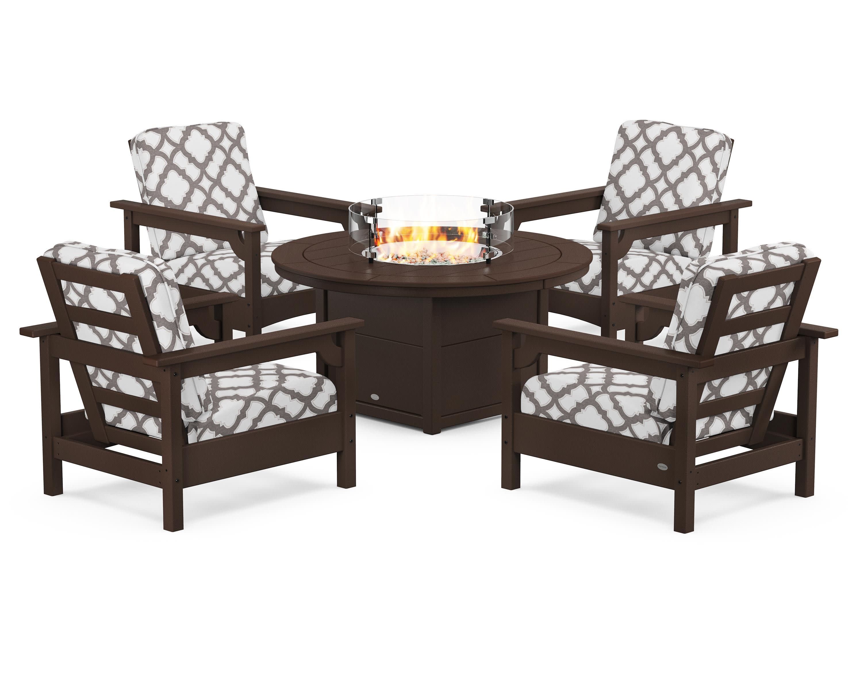 Club 5-Piece Conversation Set with Fire Pit Table in Mahogany / Trellis Grey Mist