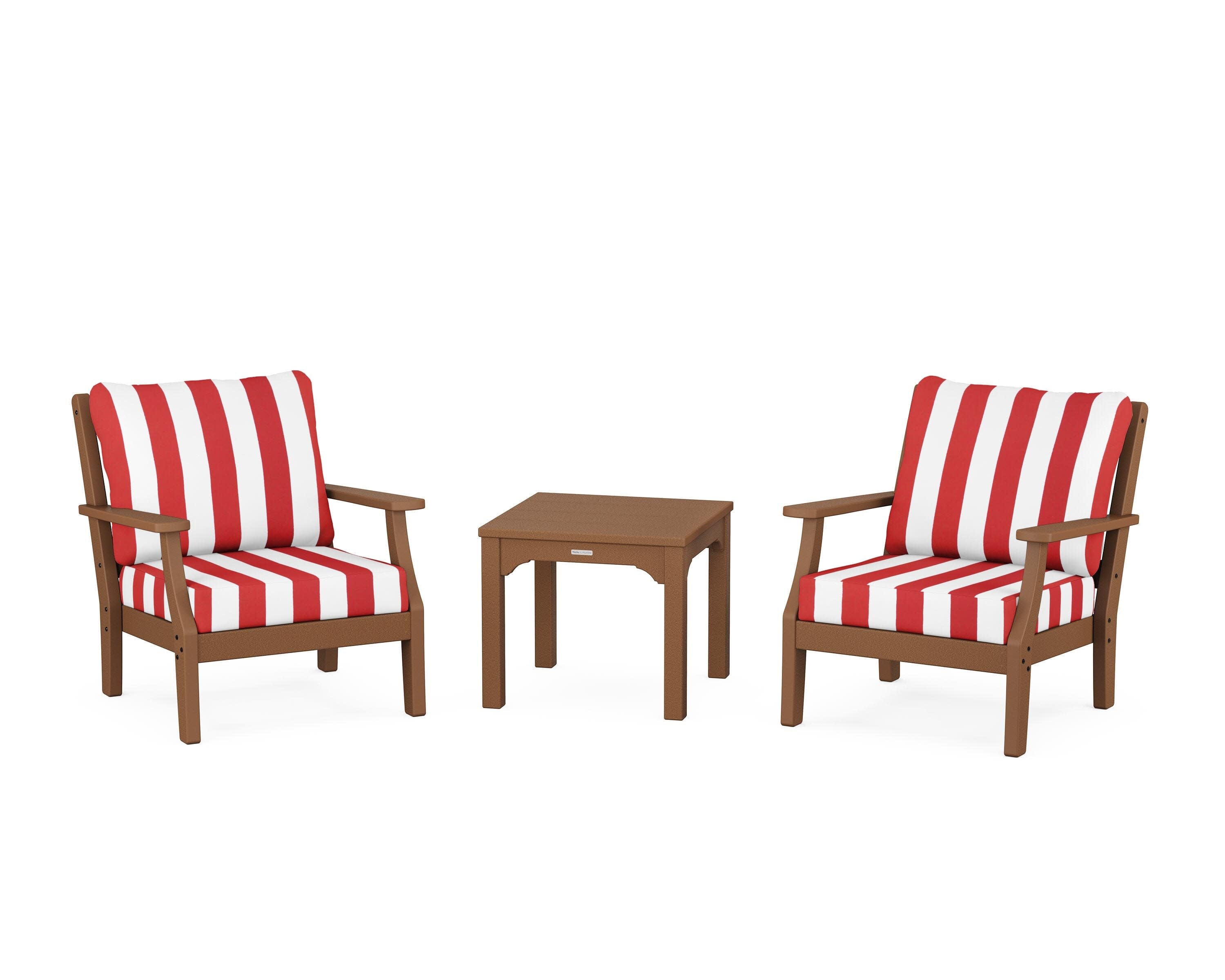 Chinoiserie 3-Piece Deep Seating Set in Teak / Cabana Stripe Crimson