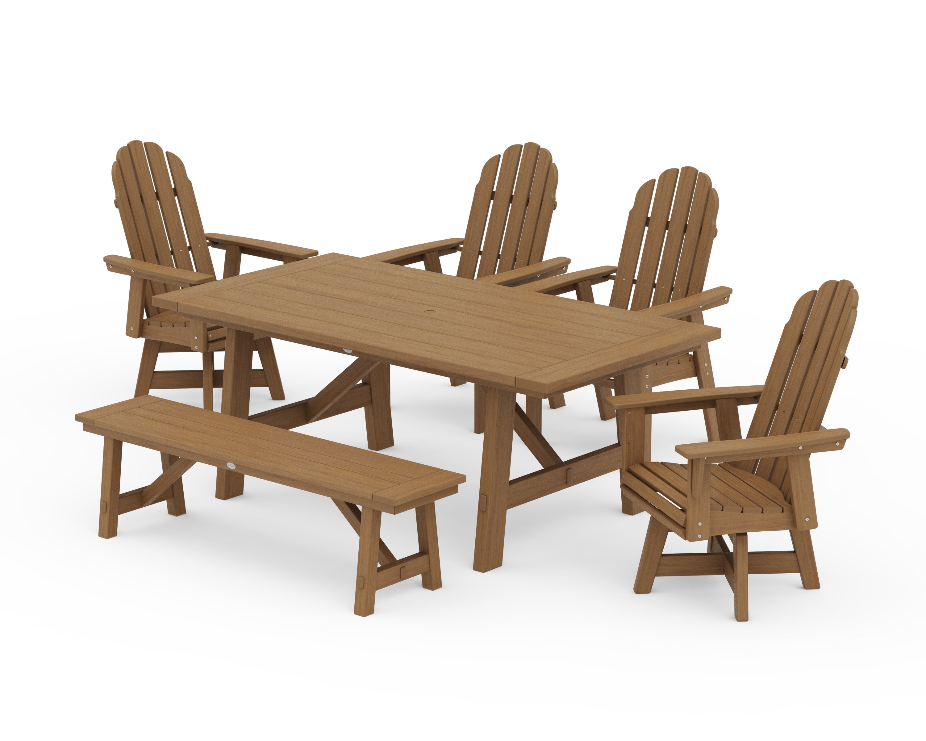 Vineyard Curveback Adirondack Swivel Chair 6-Piece Rustic Farmhouse Dining Set With Bench in Natural