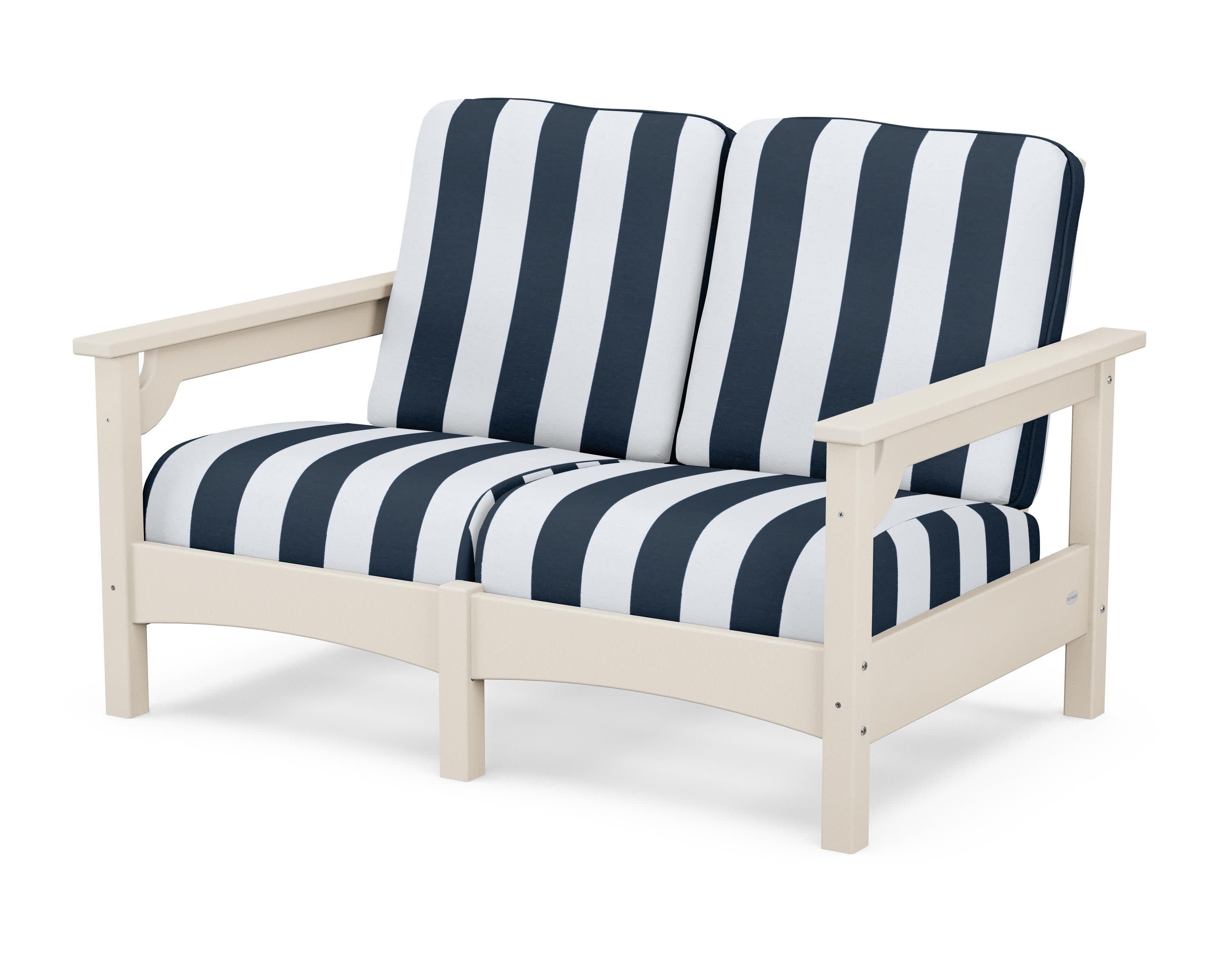 Club Loveseat in Sand / Cabana Stripe Marine Indigo