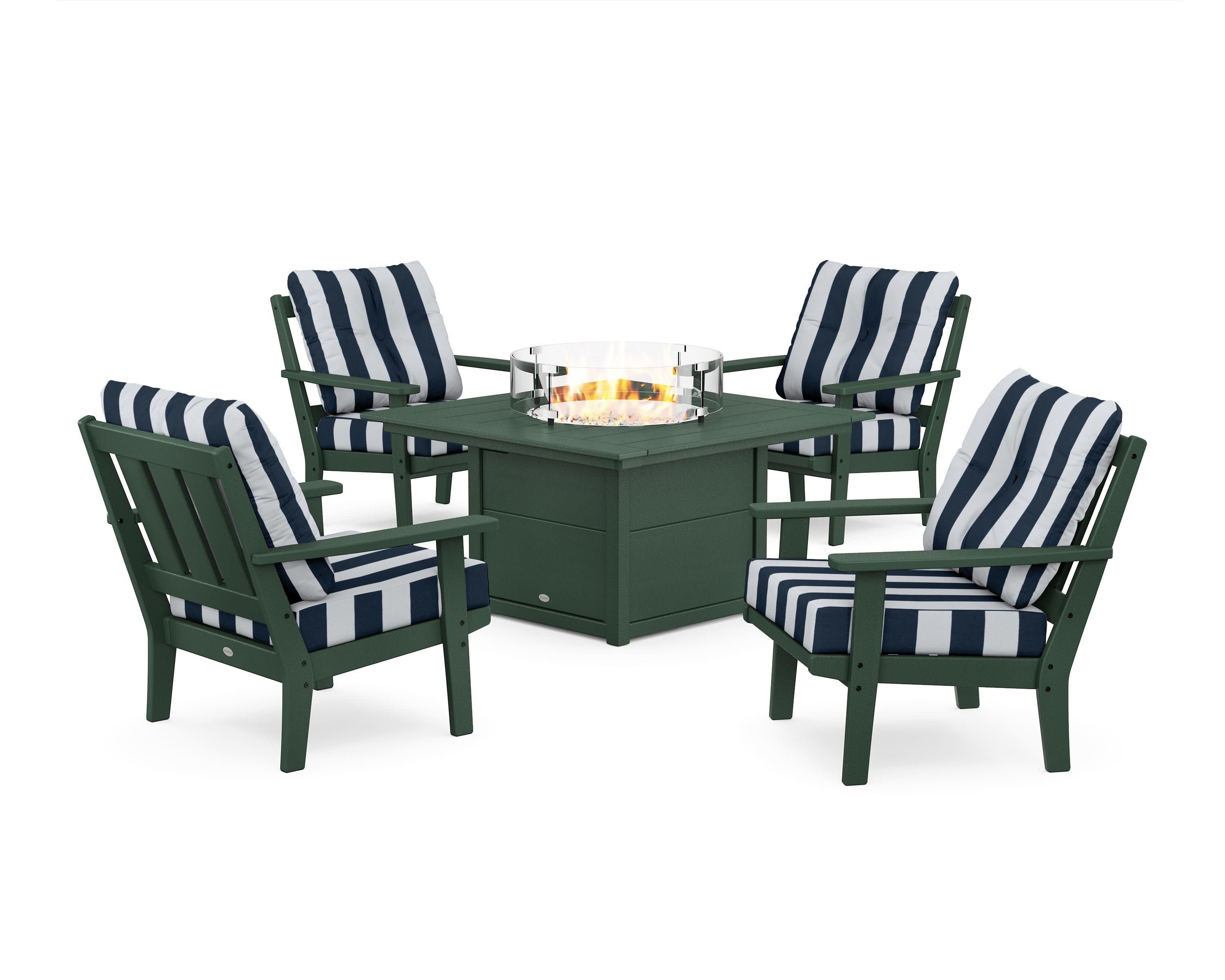 Oxford 5-Piece Deep Seating Set with Fire Pit Table in Green / Cabana Stripe Marine Indigo