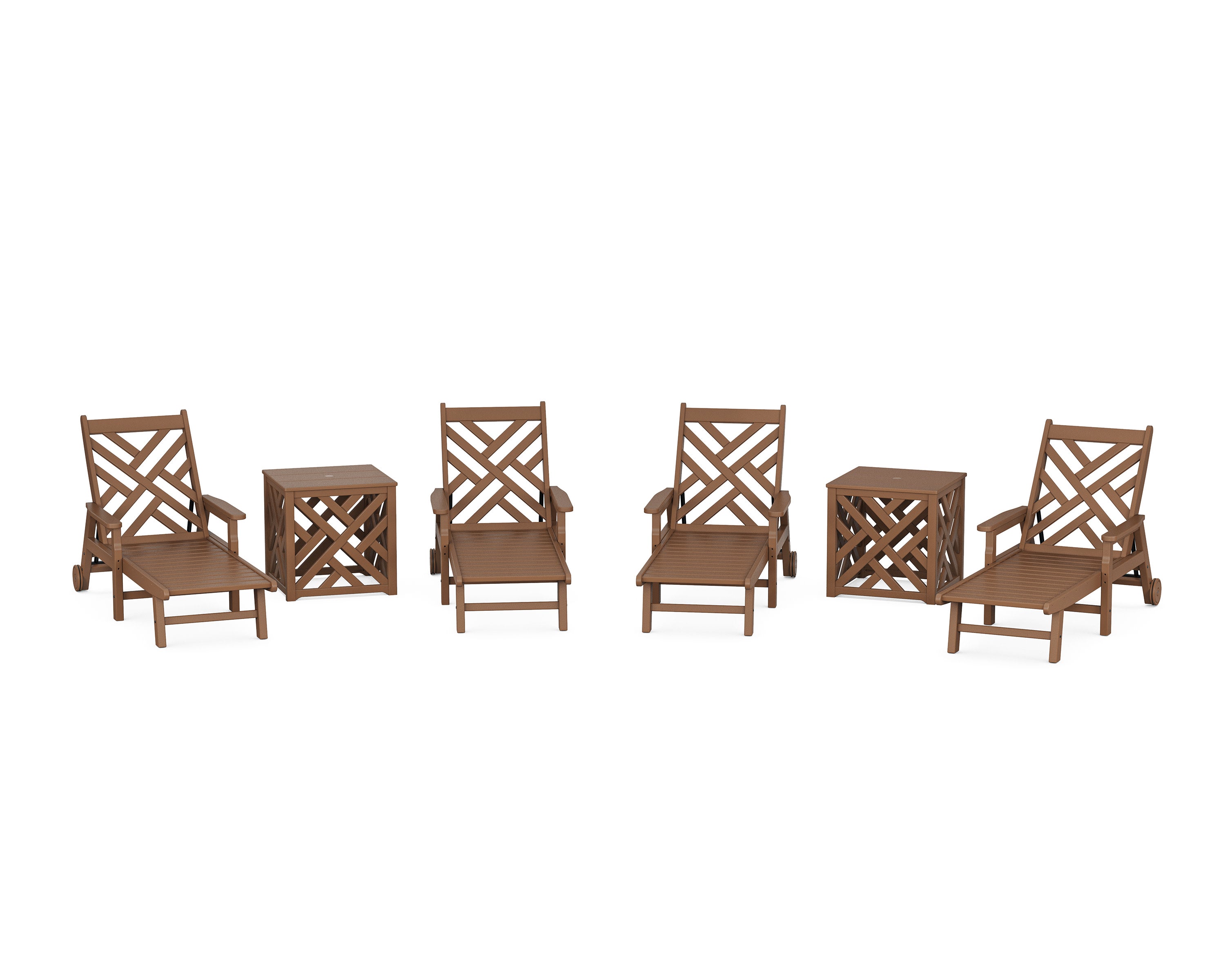 Chippendale 6-Piece Chaise Set with Umbrella Stand Accent Table in Teak