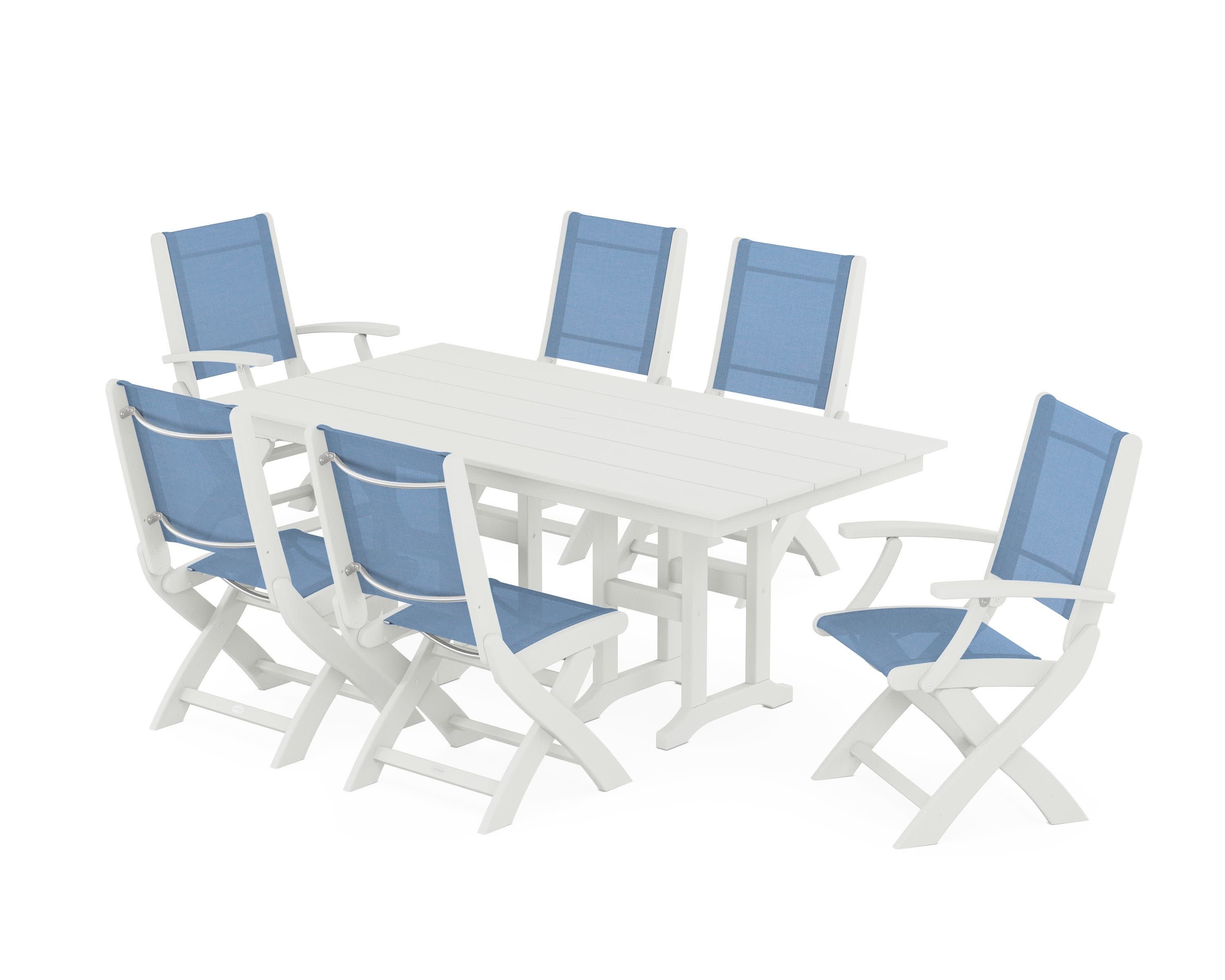 Coastal Folding Chair 7-Piece Farmhouse Dining Set in Vintage White / Poolside Sling