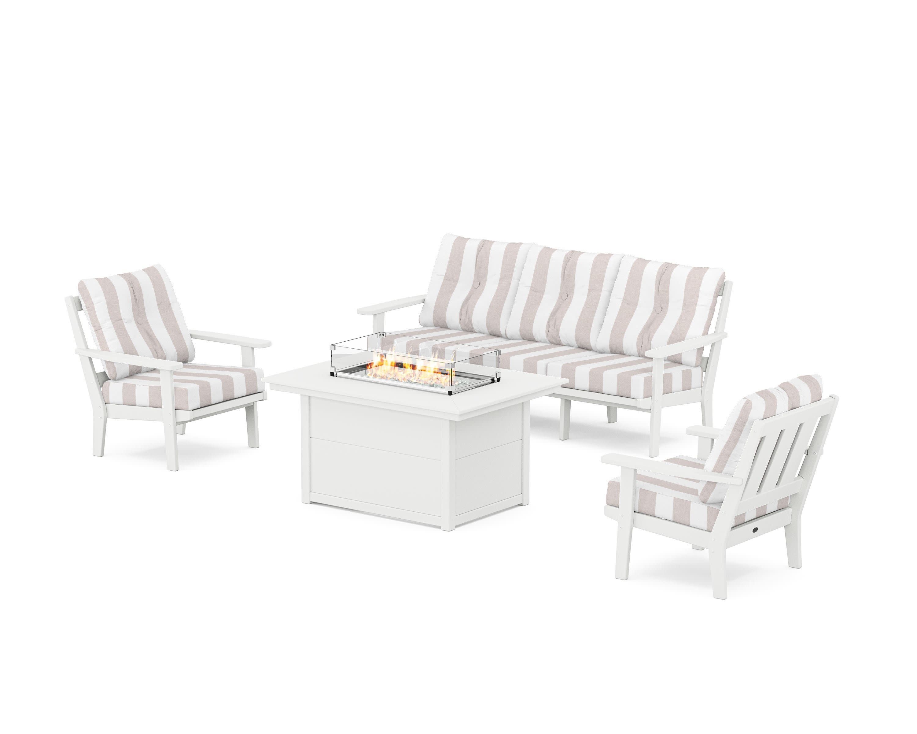 Oxford Deep Seating Fire Pit Table Set in White / Cabana Stripe Dune Burlap