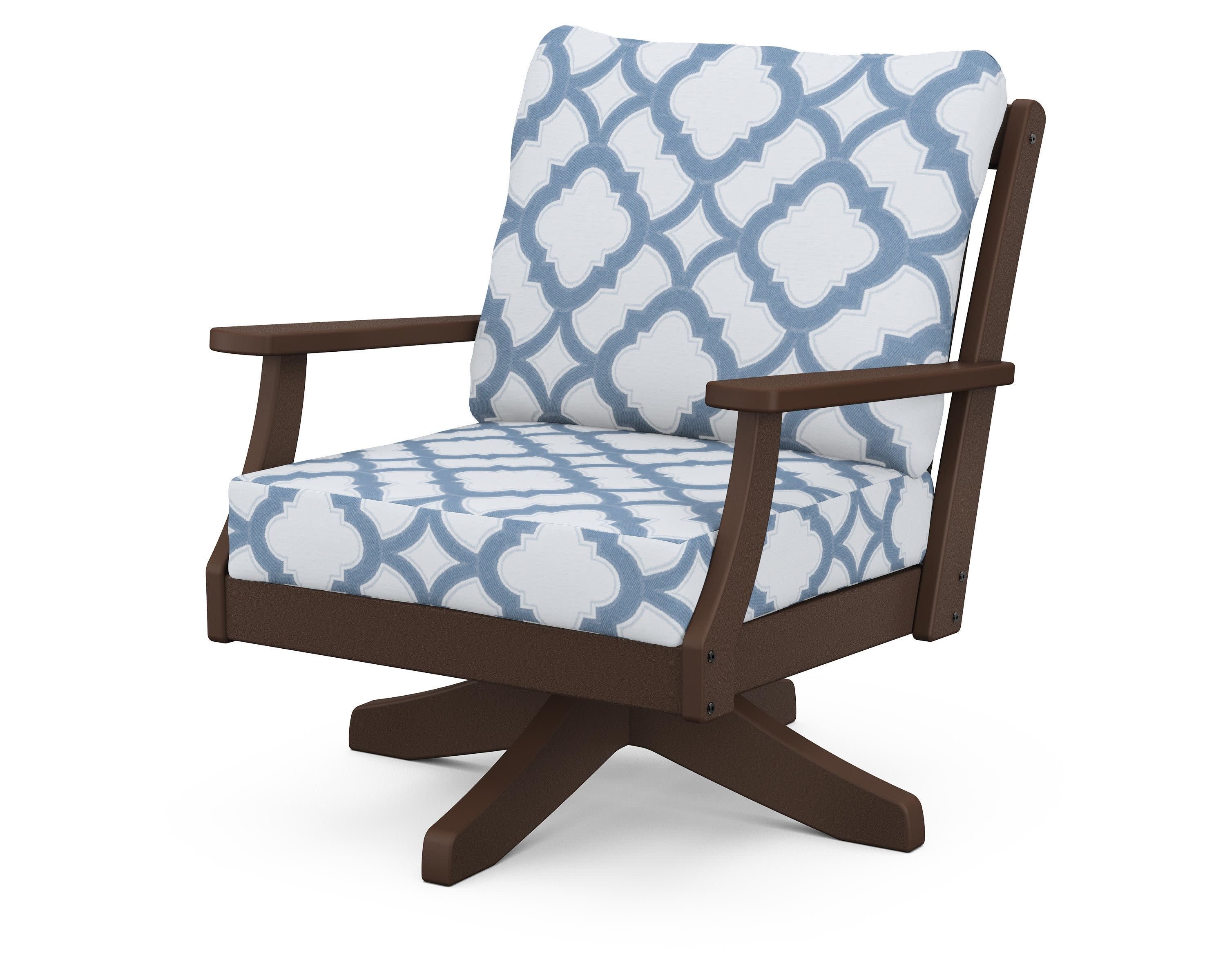 Braxton Deep Seating Swivel Chair in Mahogany / Trellis Sky Blue