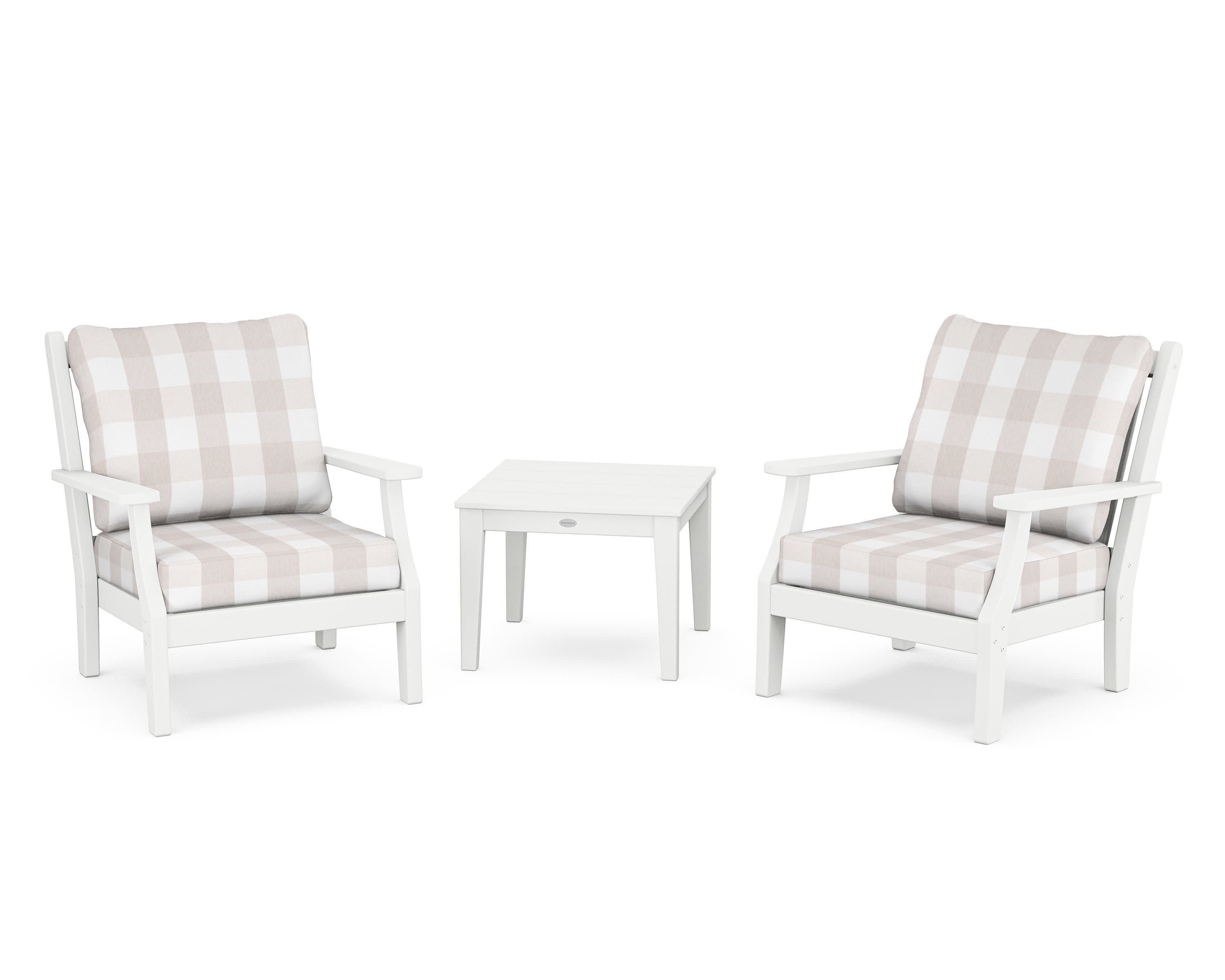 Wovendale 3-Piece Deep Seating Set in White / Buffalo Plaid Dune Burlap