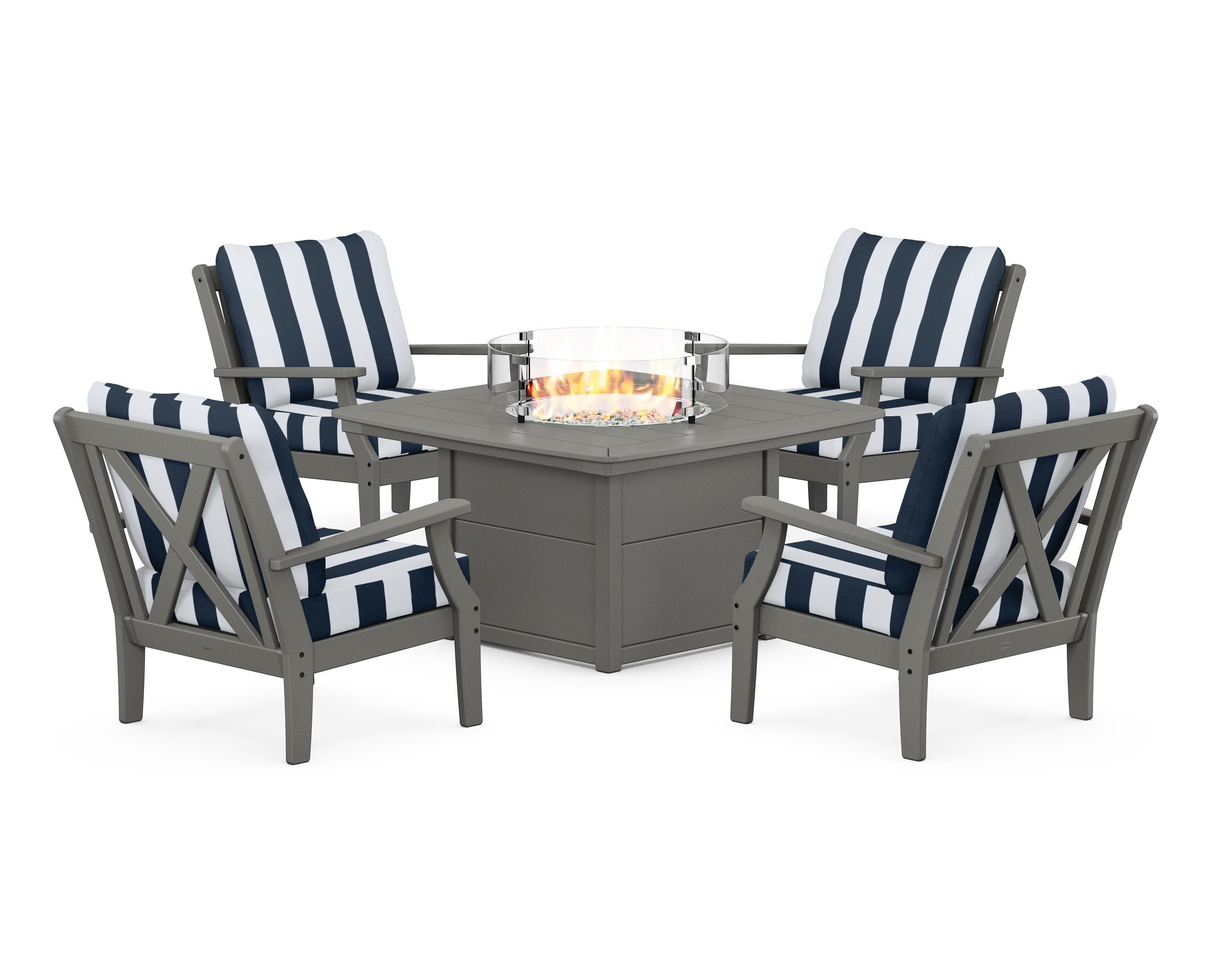 Braxton 5-Piece Deep Seating Conversation Set with Fire Pit Table in Slate Grey / Cabana Stripe Marine Indigo