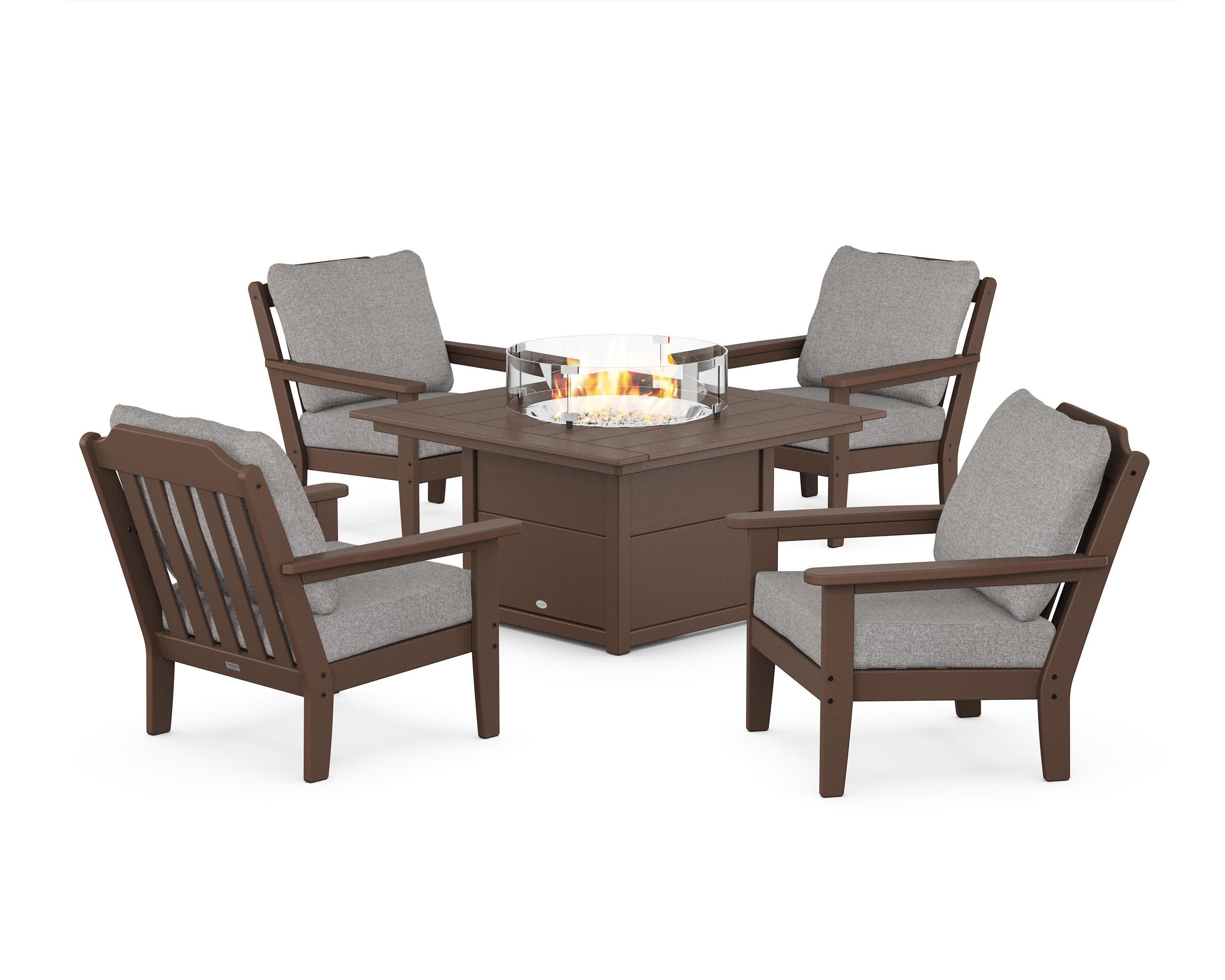 Cottage 5-Piece Deep Seating Set with Fire Pit Table in Mahogany / Grey Mist