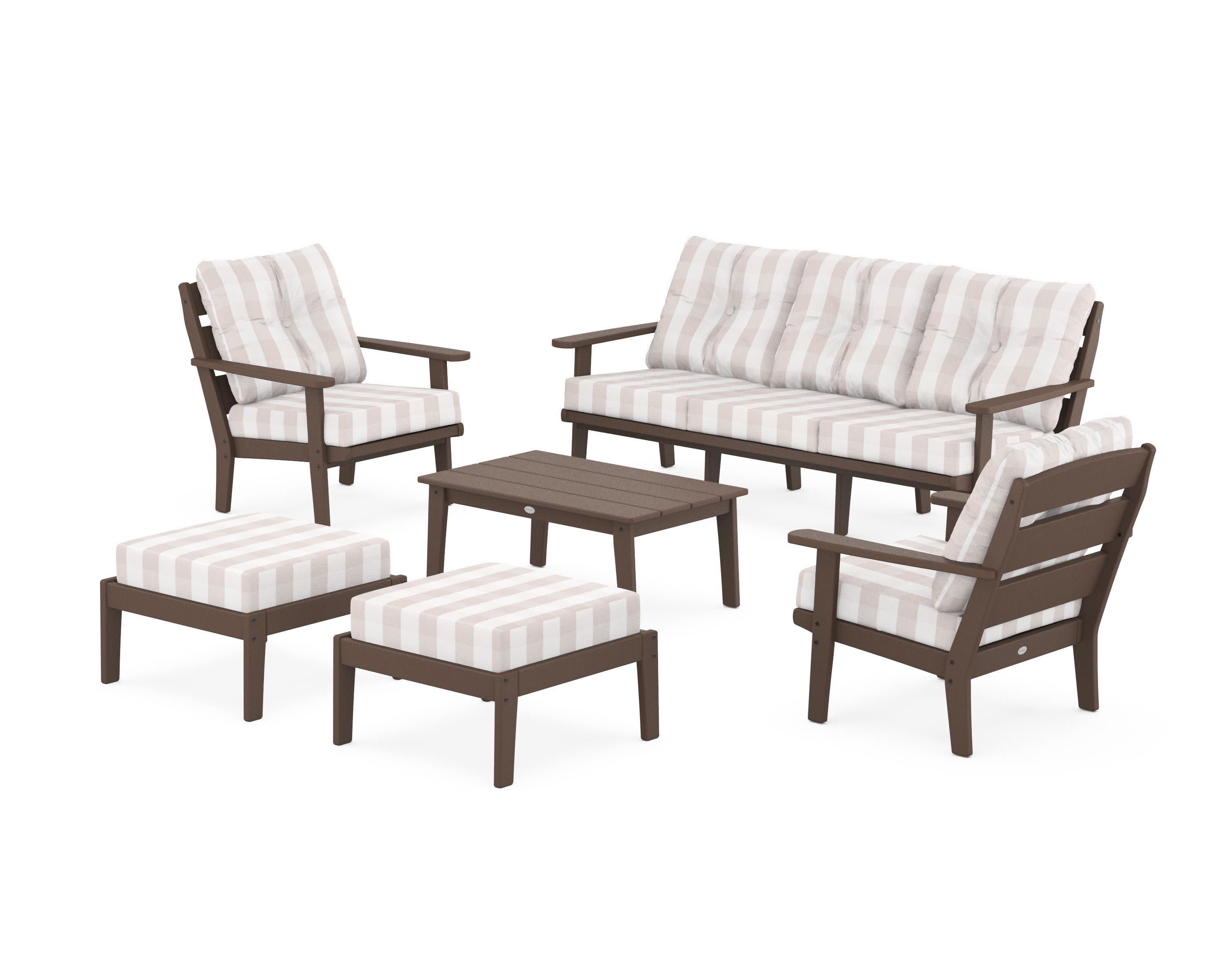 Lakeside 6-Piece Lounge Sofa Set in Mahogany / Buffalo Plaid Dune Burlap