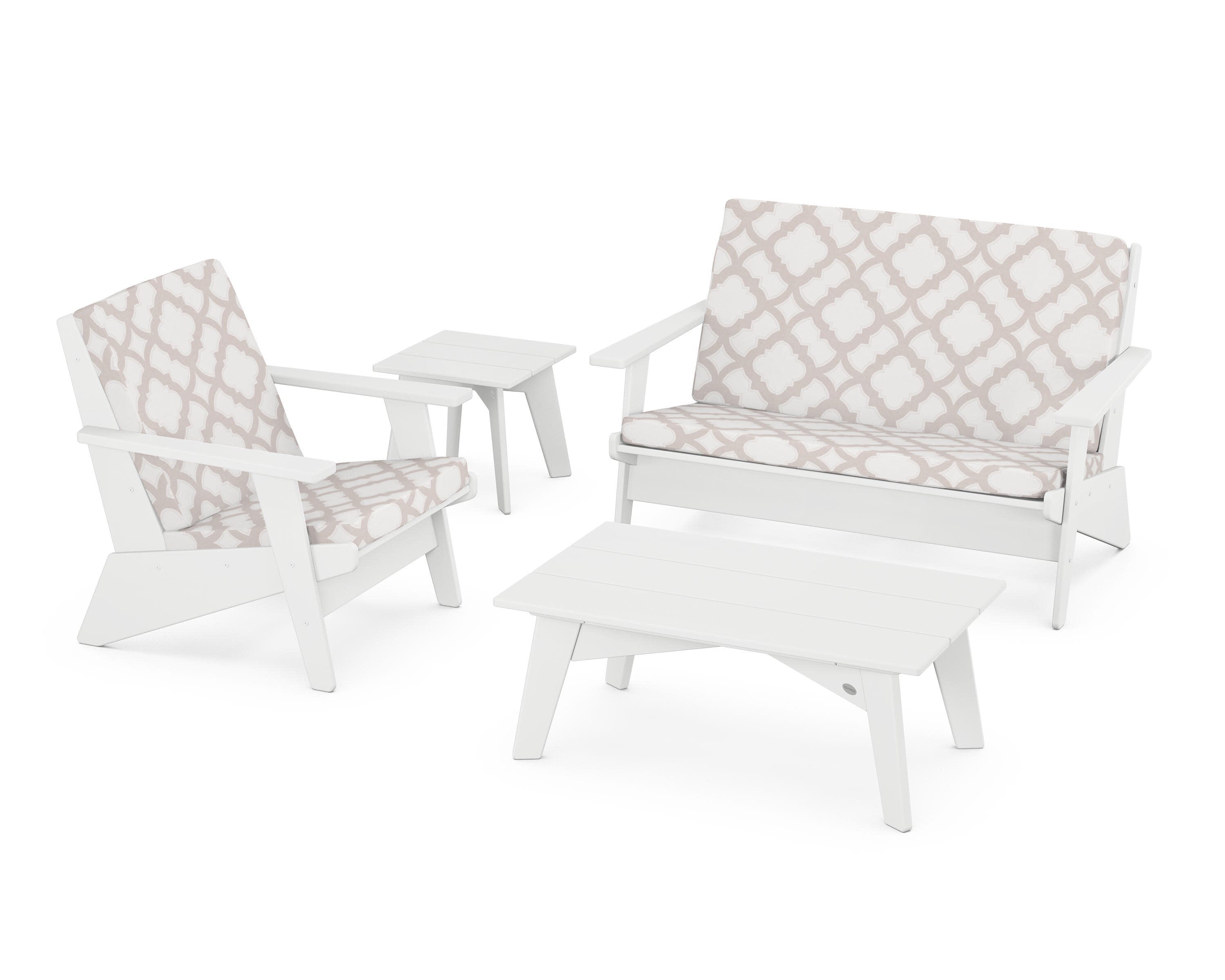 Riviera Modern Lounge 4-Piece Set in White / Trellis Dune Burlap