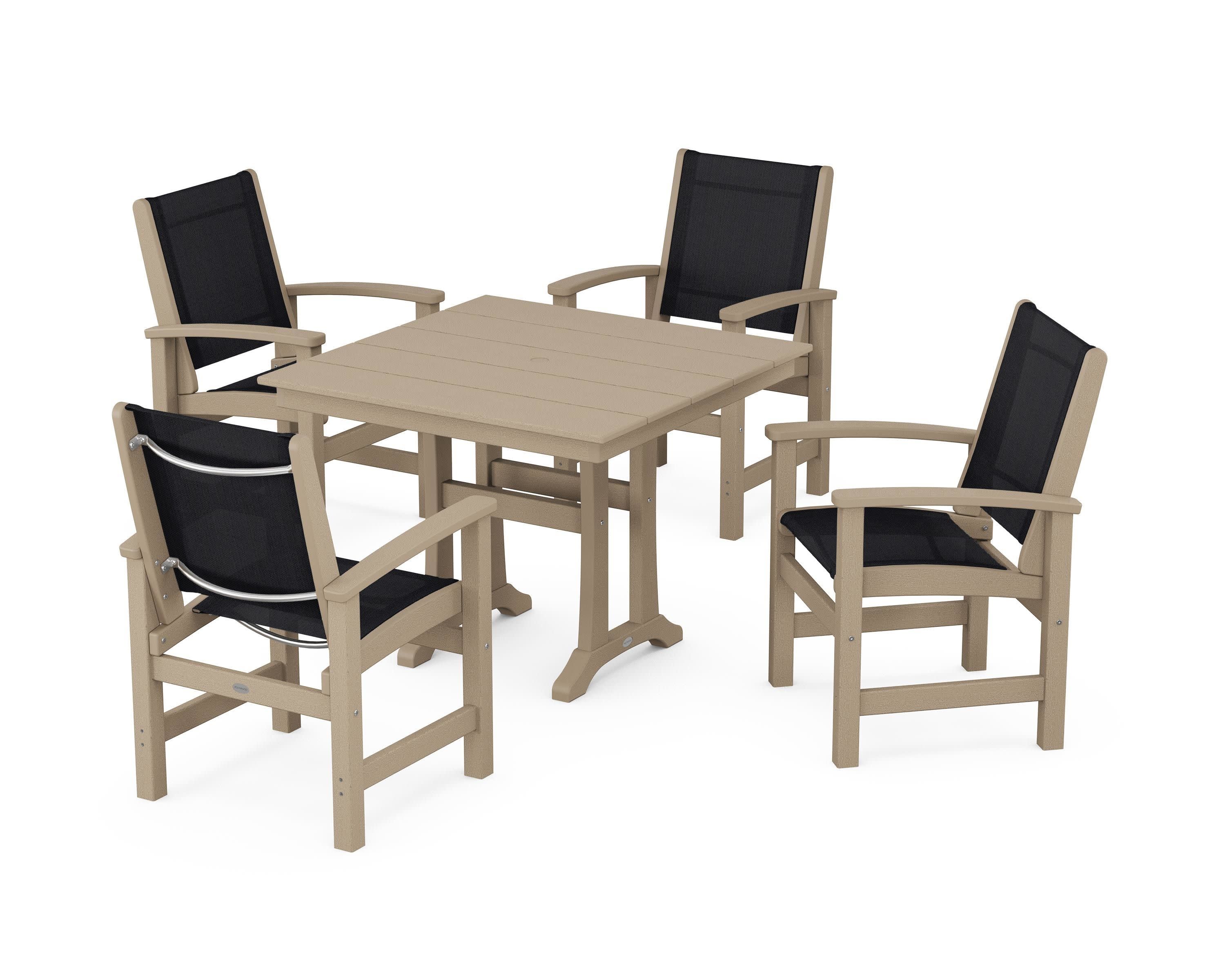 Coastal 5-Piece Farmhouse Dining Set With Trestle Legs in Vintage Sahara / Black Sling