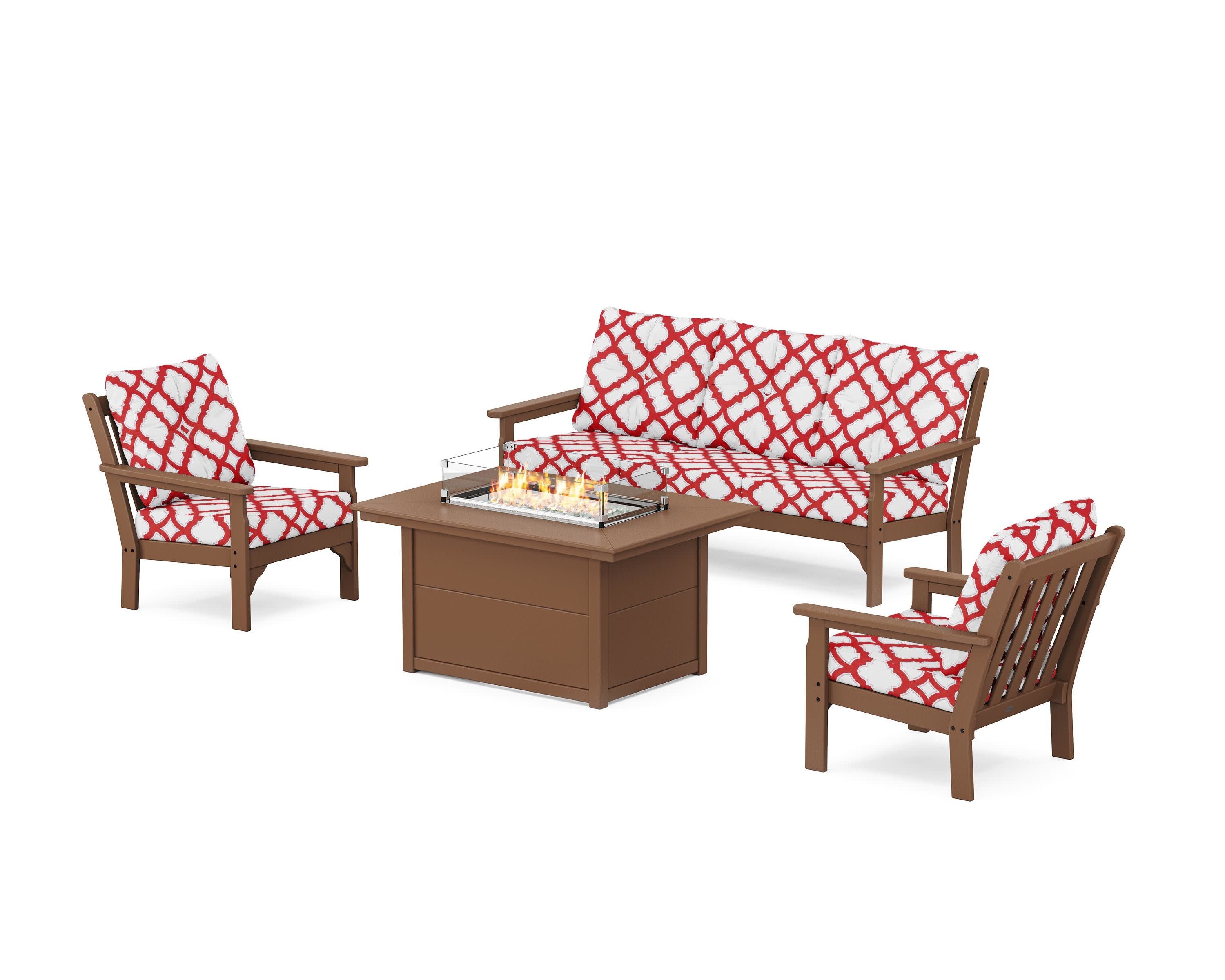 Vineyard Deep Seating Fire Pit Table Set in Teak / Trellis Crimson