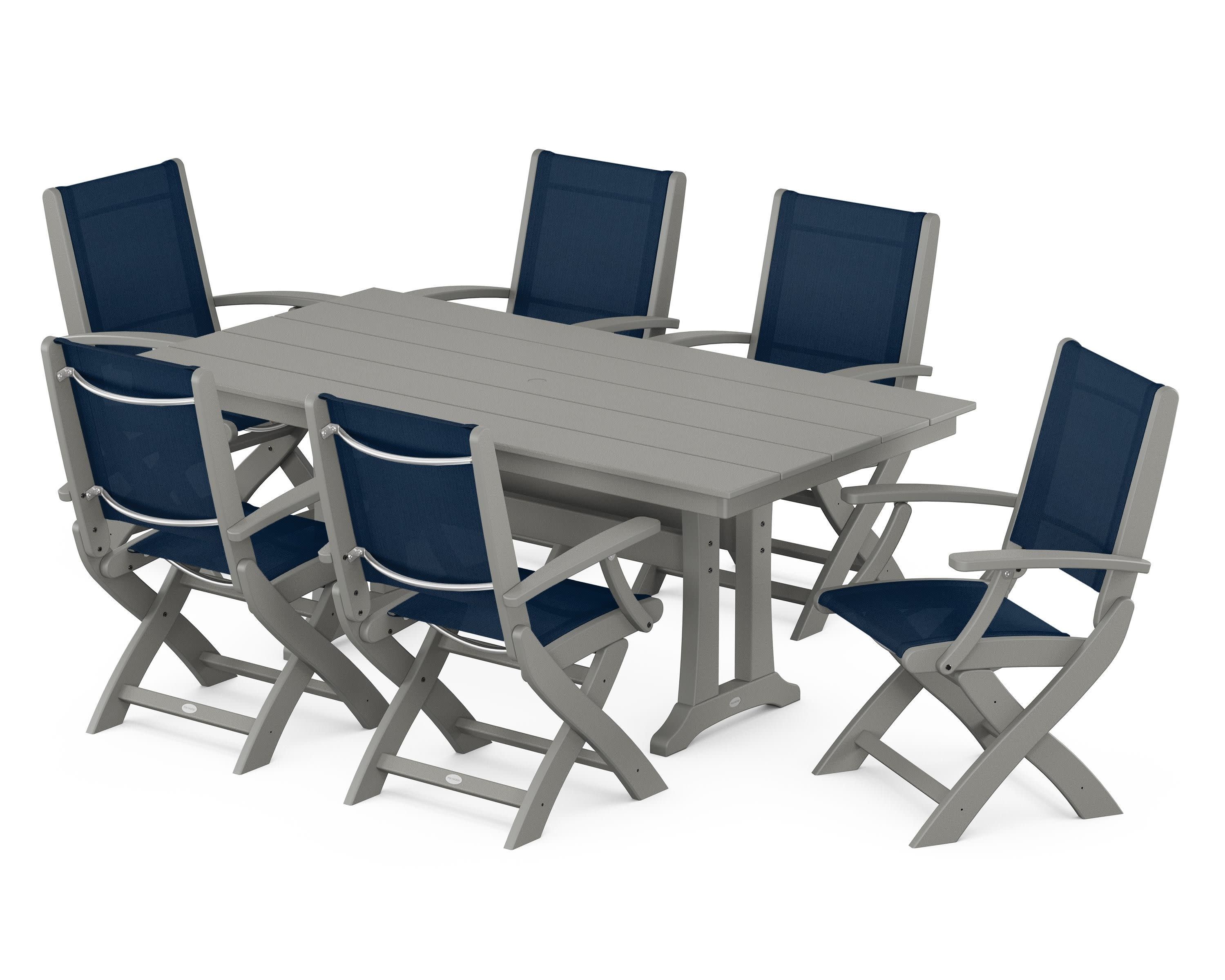 Coastal Folding Arm Chair 7-Piece Farmhouse Dining Set with Trestle Legs in Slate Grey / Navy Blue Sling