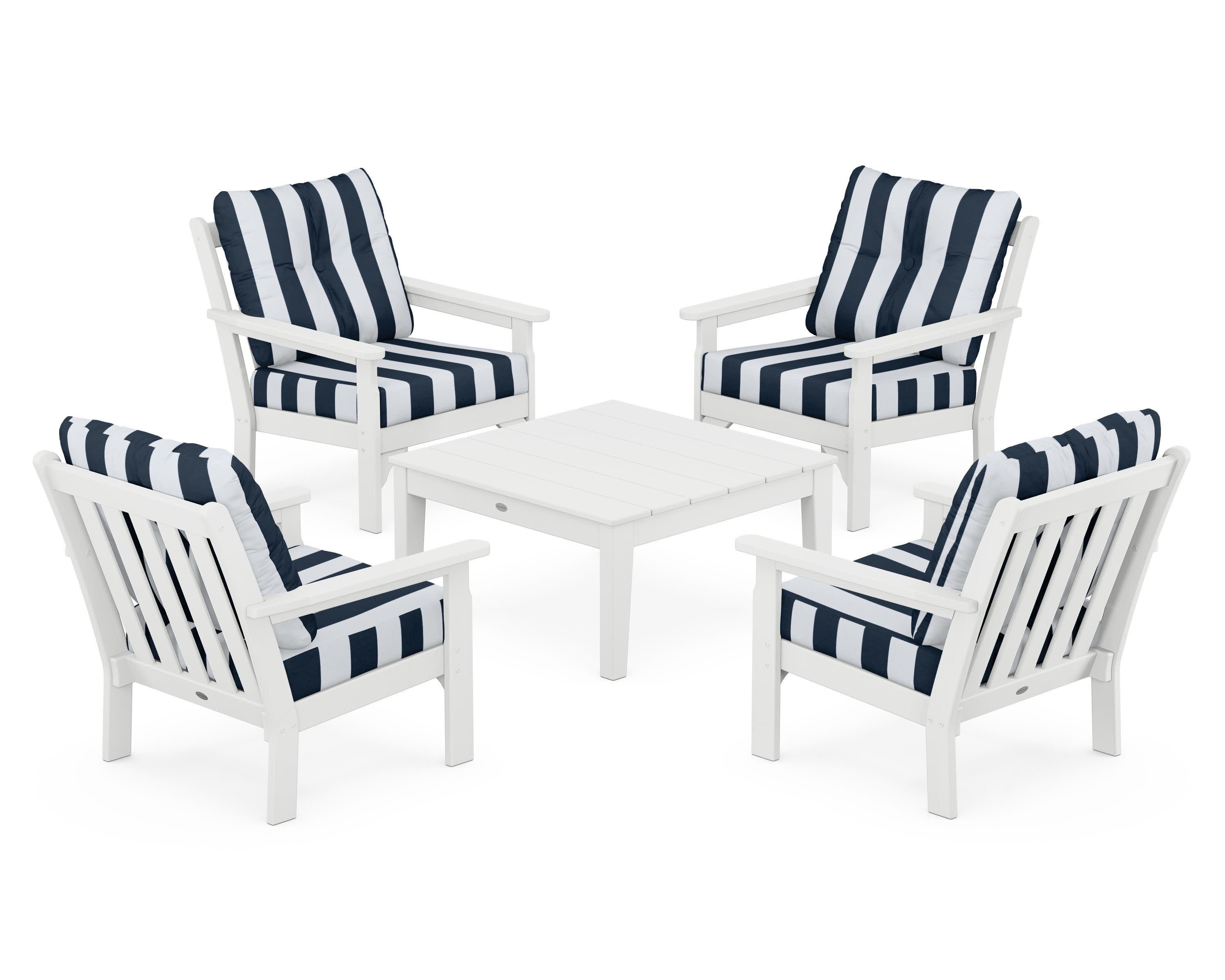 Vineyard 5-Piece Deep Seating Conversation Set in White / Cabana Stripe Marine Indigo