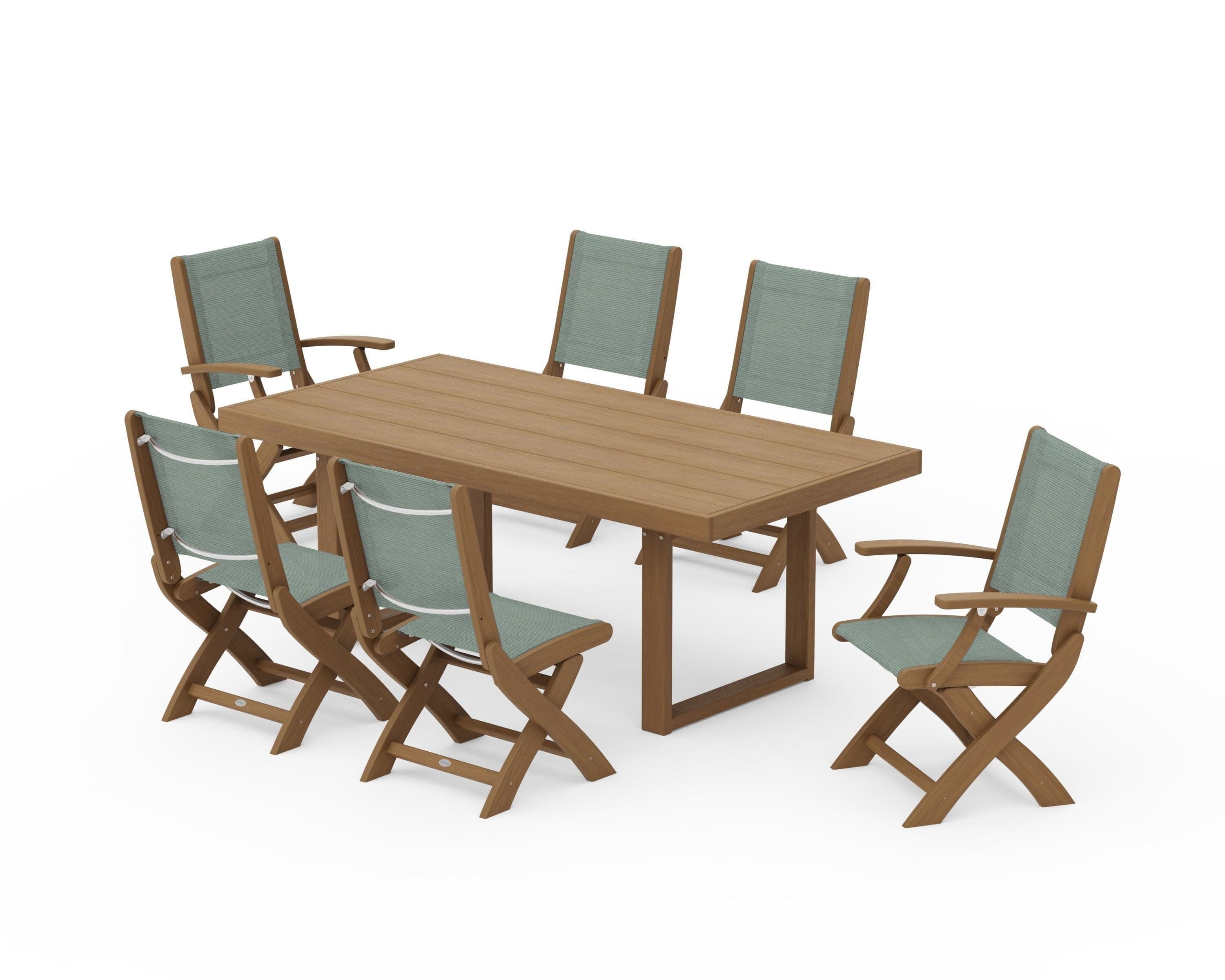 Coastal Folding Chair 7-Piece Dining Set with Trestle Legs in Natural / Dupioni Sea Mist Sling