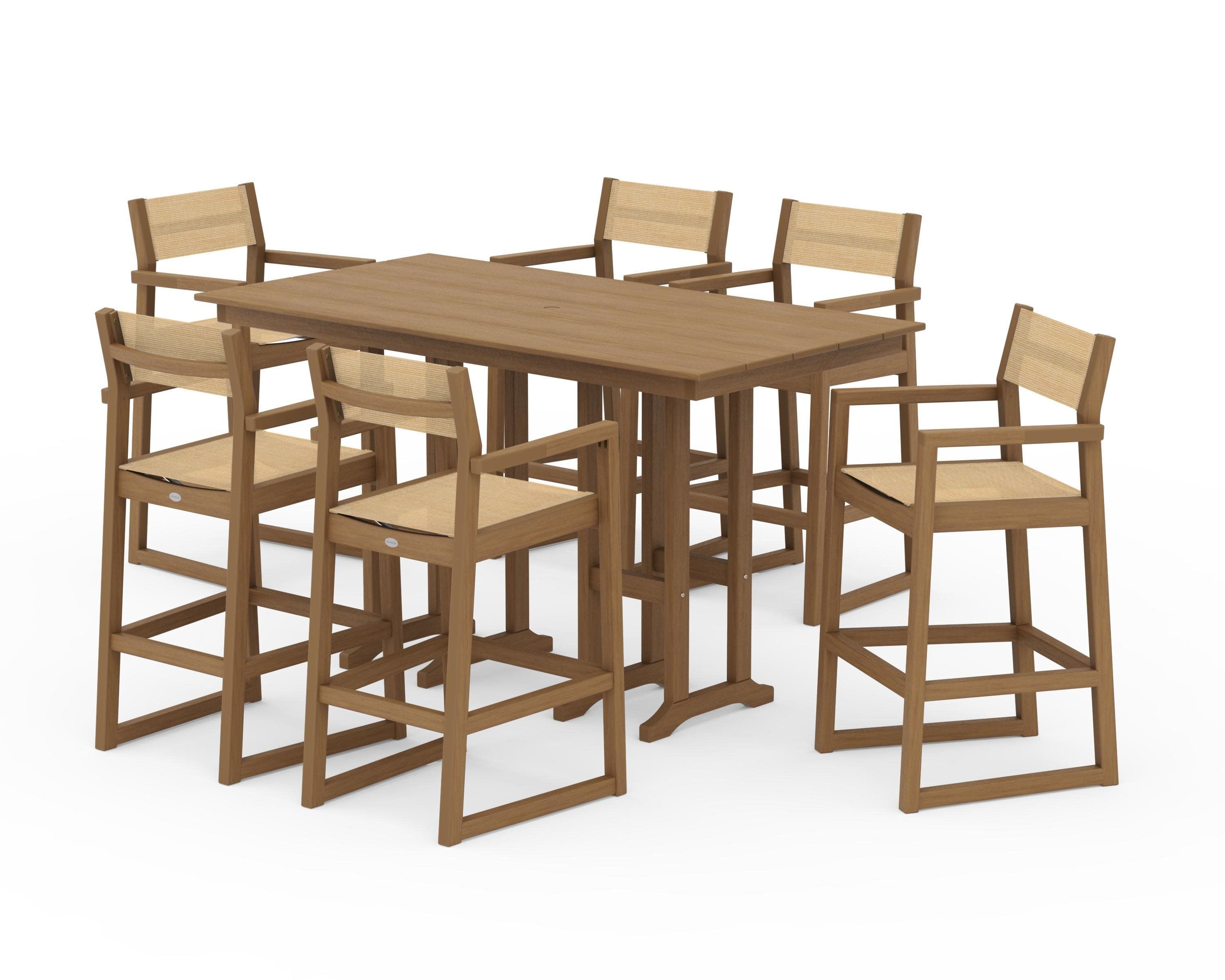 EDGE Sling Arm Chair 7-Piece Farmhouse Bar Set in Natural / Dupioni Apricot Sling