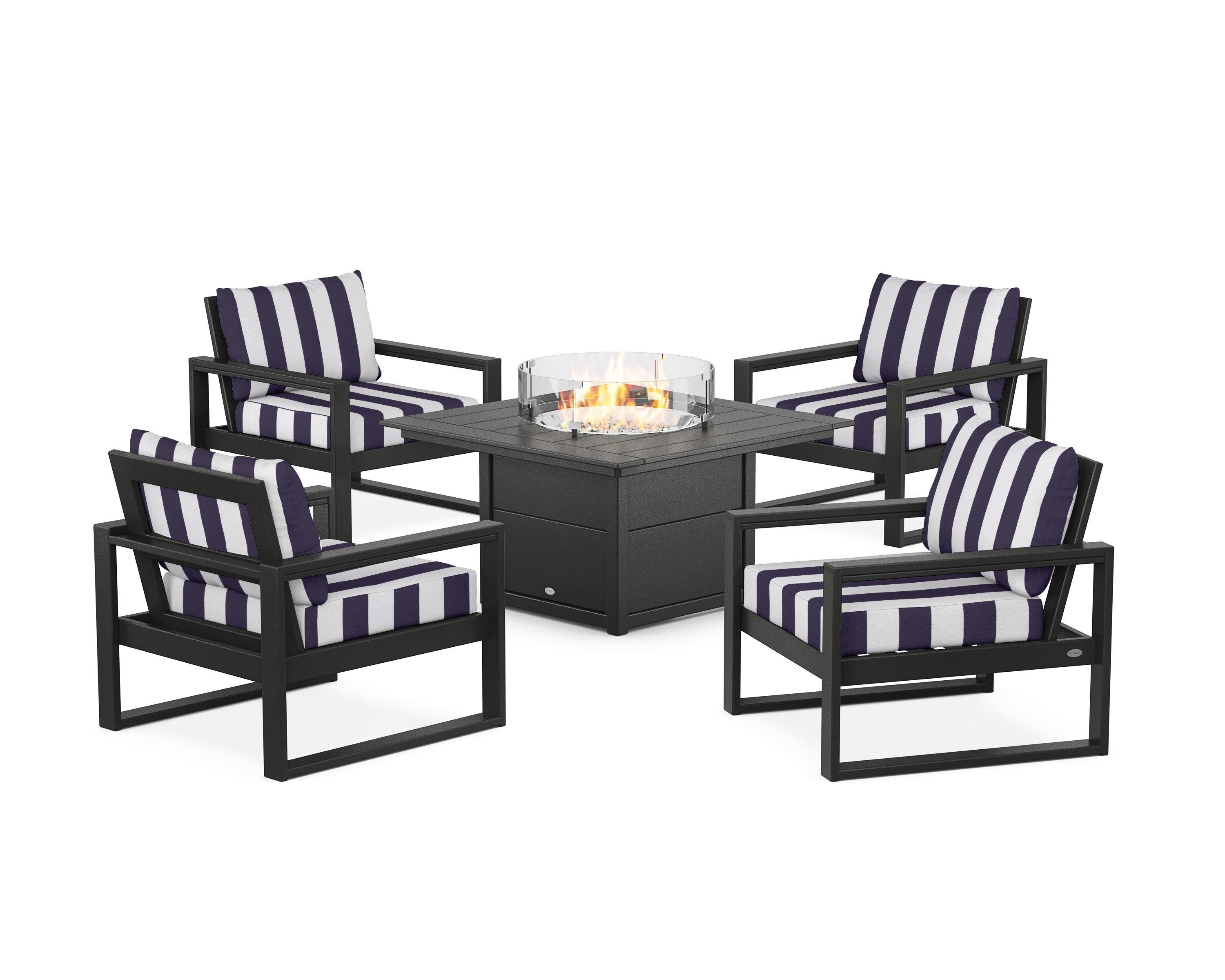 EDGE Sectional 5-Piece Deep Seating Set with Fire Pit Table in Black / Cabana Stripe Navy